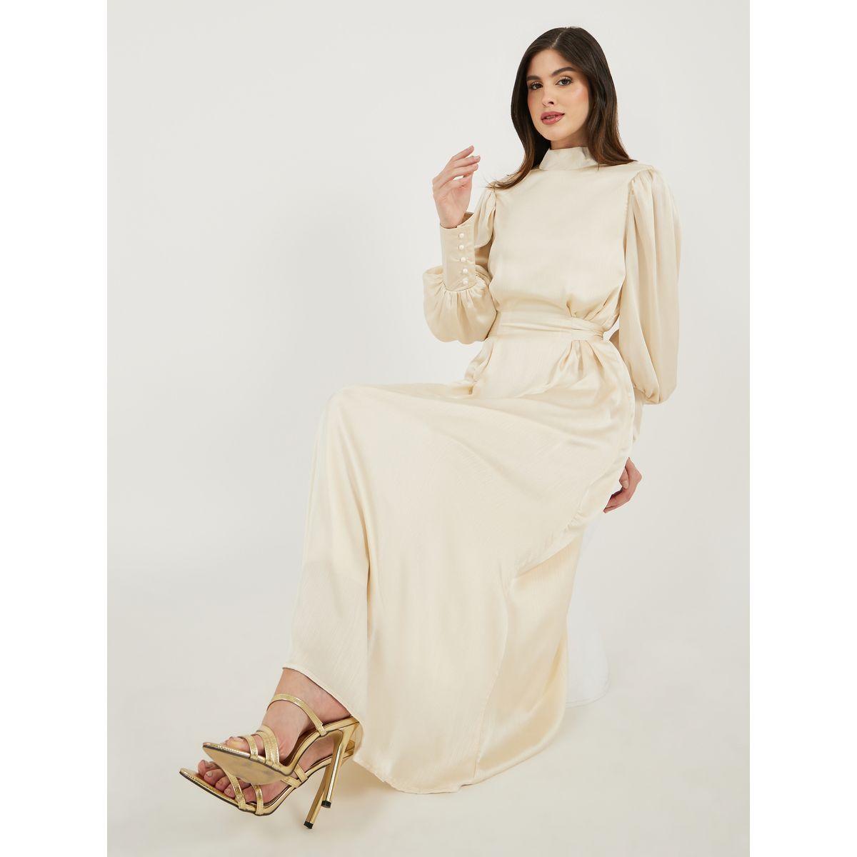 فستان طويل بأكمام بالون وربطة خصر-women-clothing-dresses-image-1