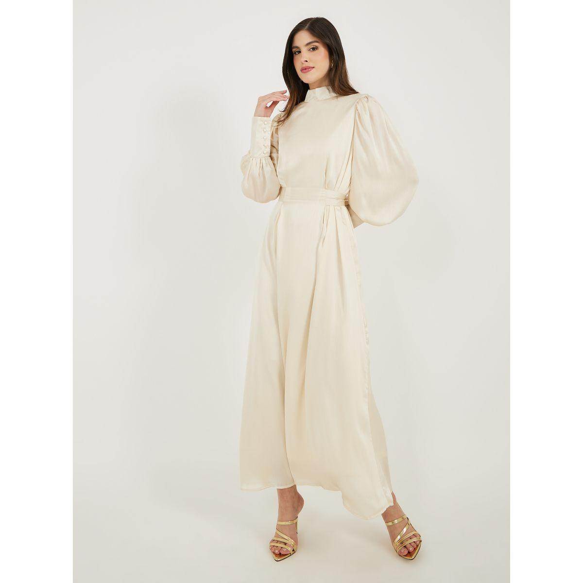 فستان طويل بأكمام بالون وربطة خصر-women-clothing-dresses-image-2