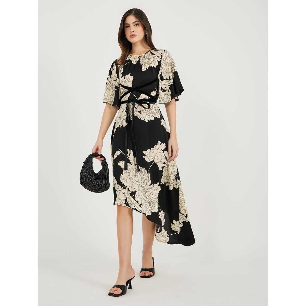 Styli Floral Print Flute Sleeves Asymmetric Hem Midi Dress-women-clothing-dresses-image-1