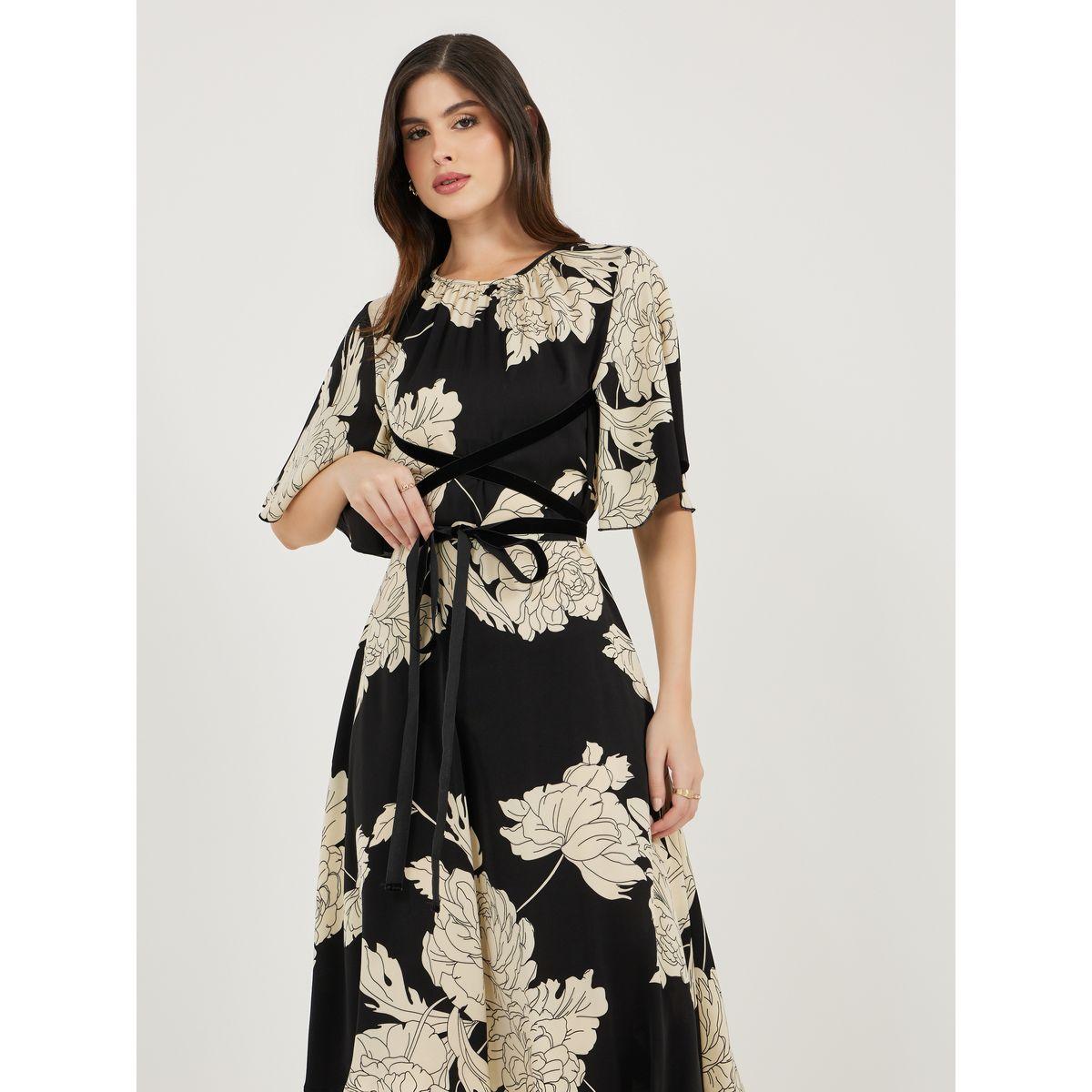 Styli Floral Print Flute Sleeves Asymmetric Hem Midi Dress-women-clothing-dresses-image-2
