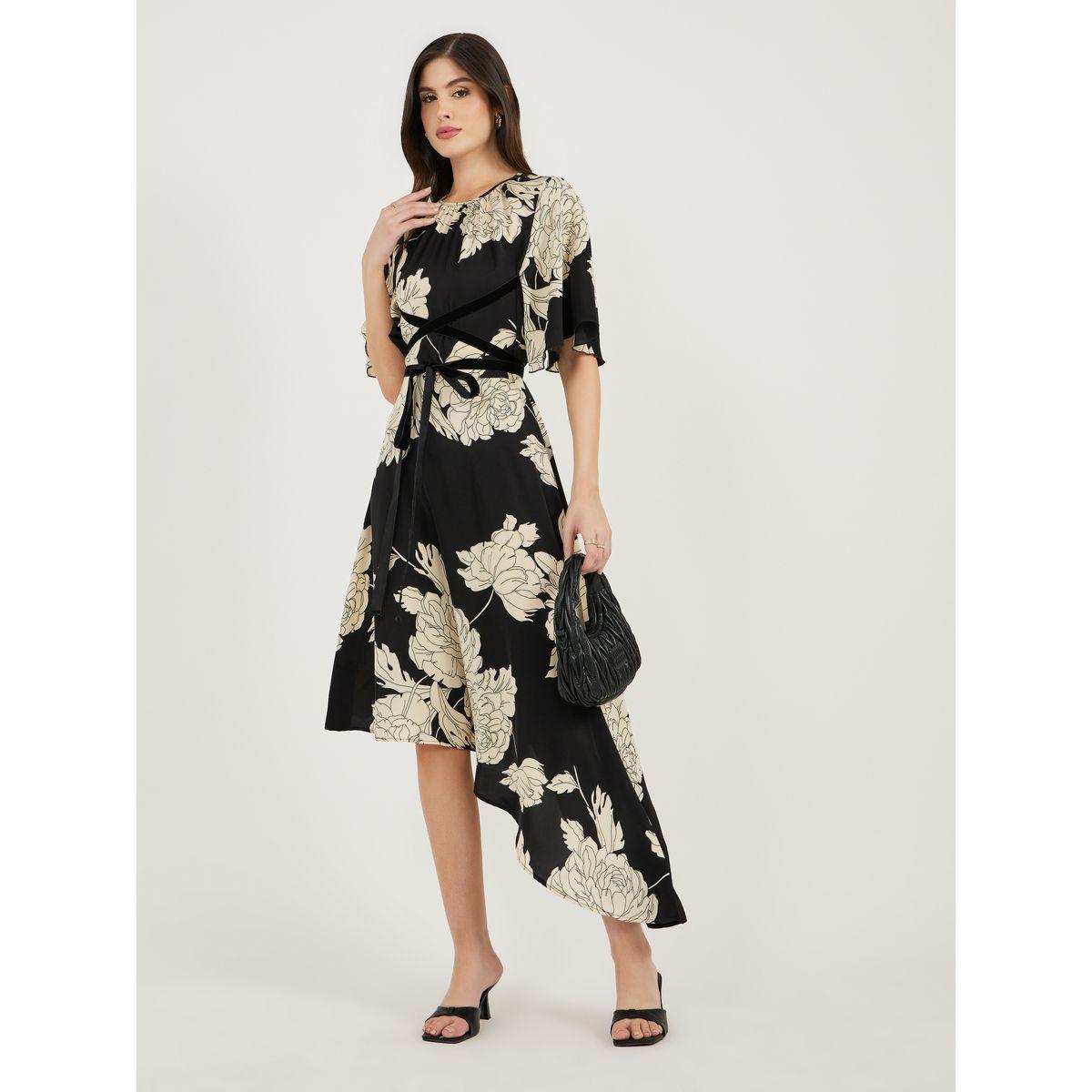 Styli Floral Print Flute Sleeves Asymmetric Hem Midi Dress-women-clothing-dresses-image-3