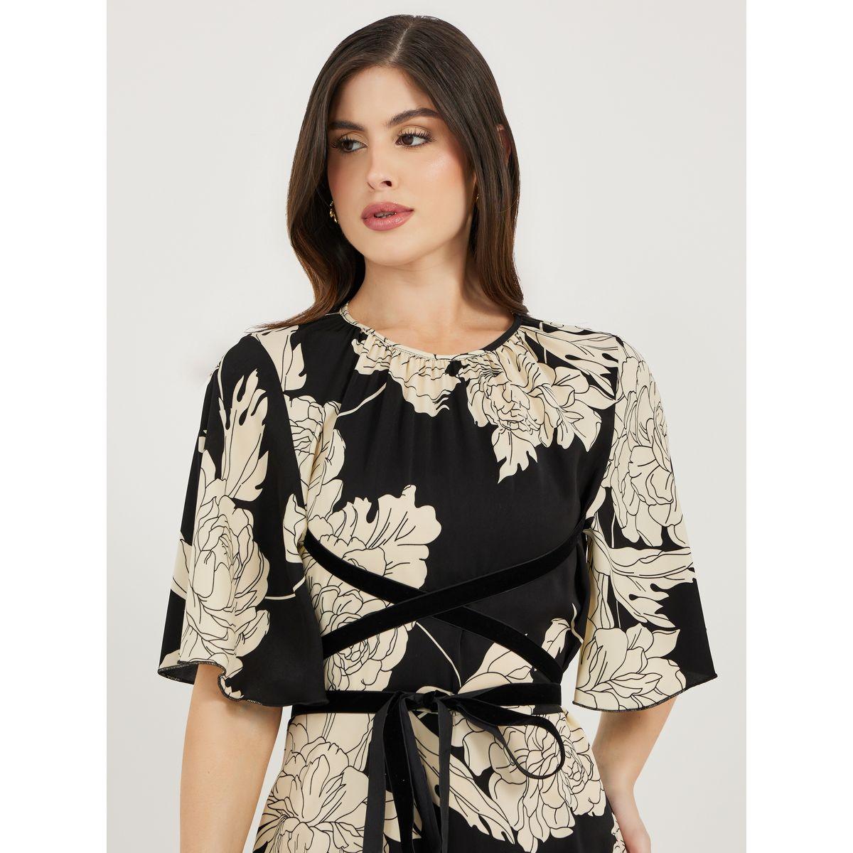 Styli Floral Print Flute Sleeves Asymmetric Hem Midi Dress-women-clothing-dresses-image-4