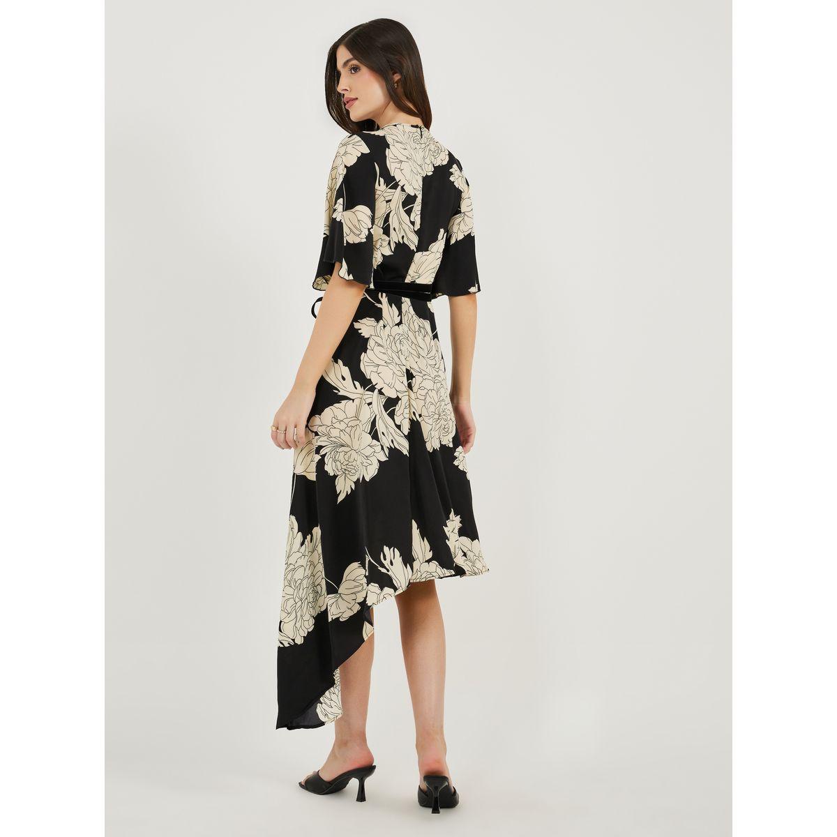 Styli Floral Print Flute Sleeves Asymmetric Hem Midi Dress-women-clothing-dresses-image-5