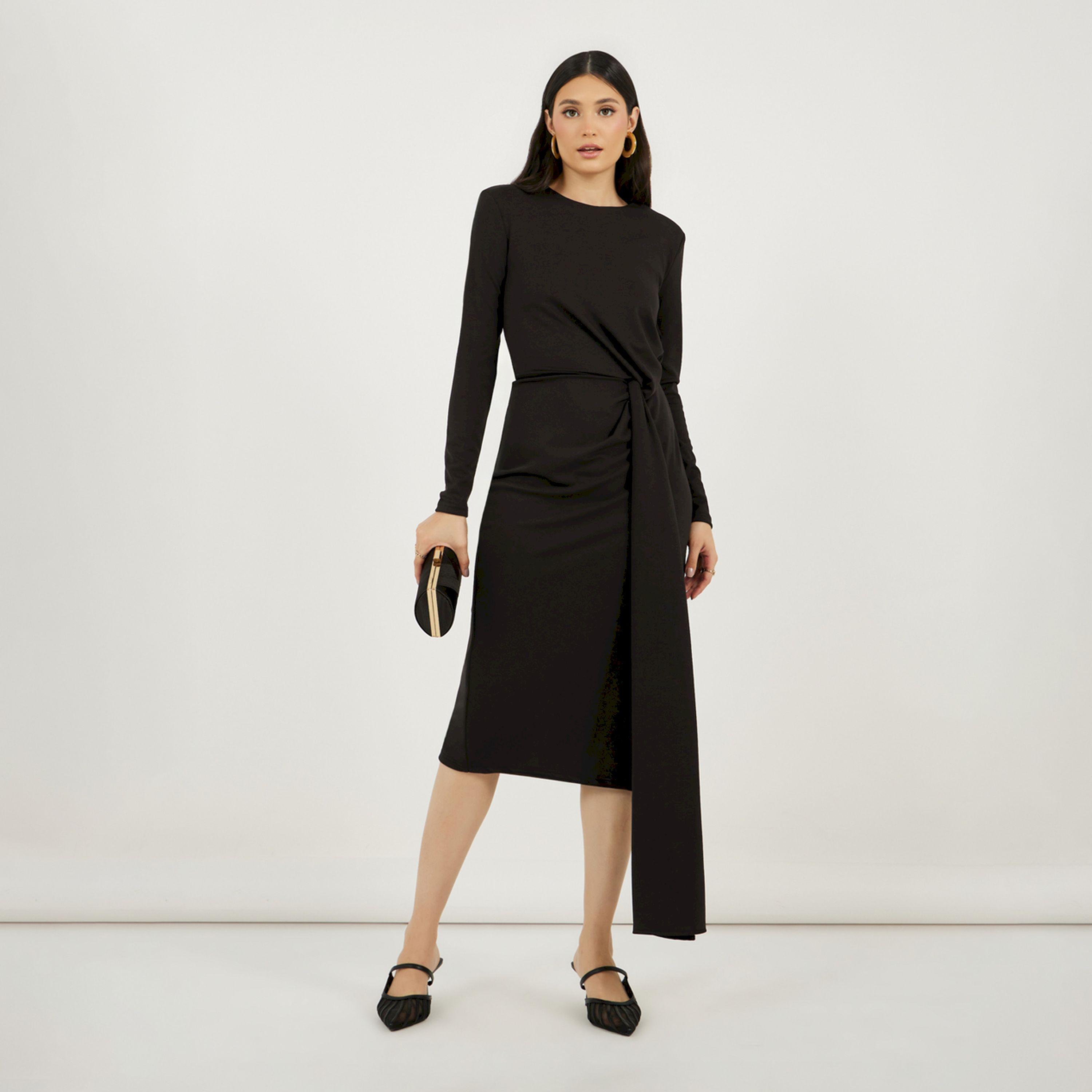 Styli Solid Long Sleeves Sheath Midi Dress with Self Tie Up-women-clothing-dresses-image-1