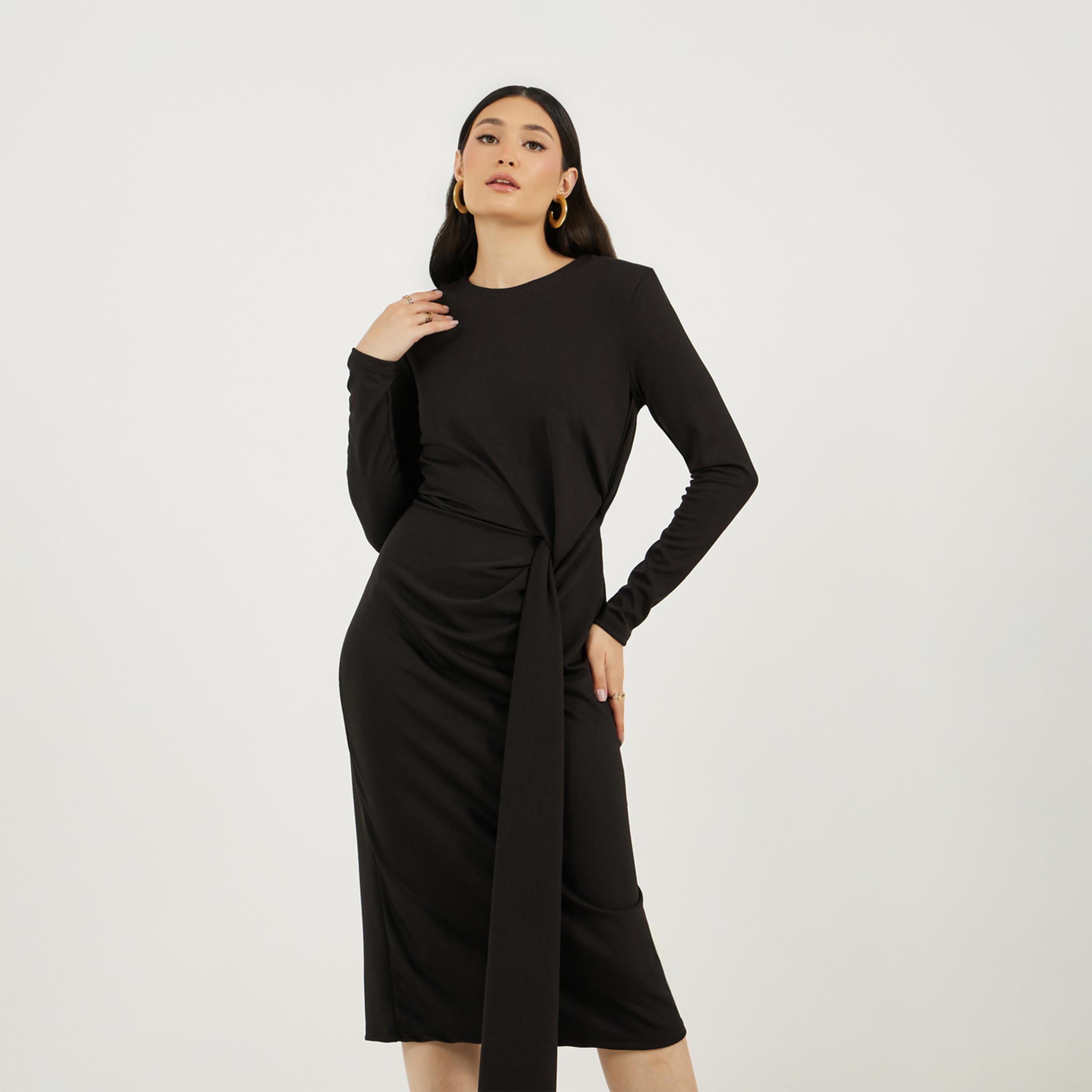 Styli Solid Long Sleeves Sheath Midi Dress with Self Tie Up-women-clothing-dresses-image-2