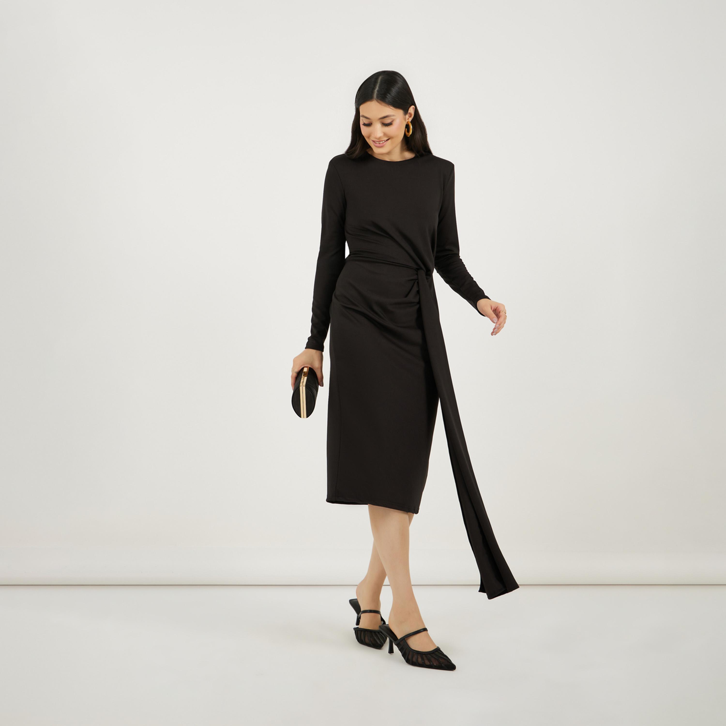 ستايلي - فستان سادة متوسط الطول بأكمام طويلة وقصة ضيقة مع رباط-women-clothing-dresses-image-4