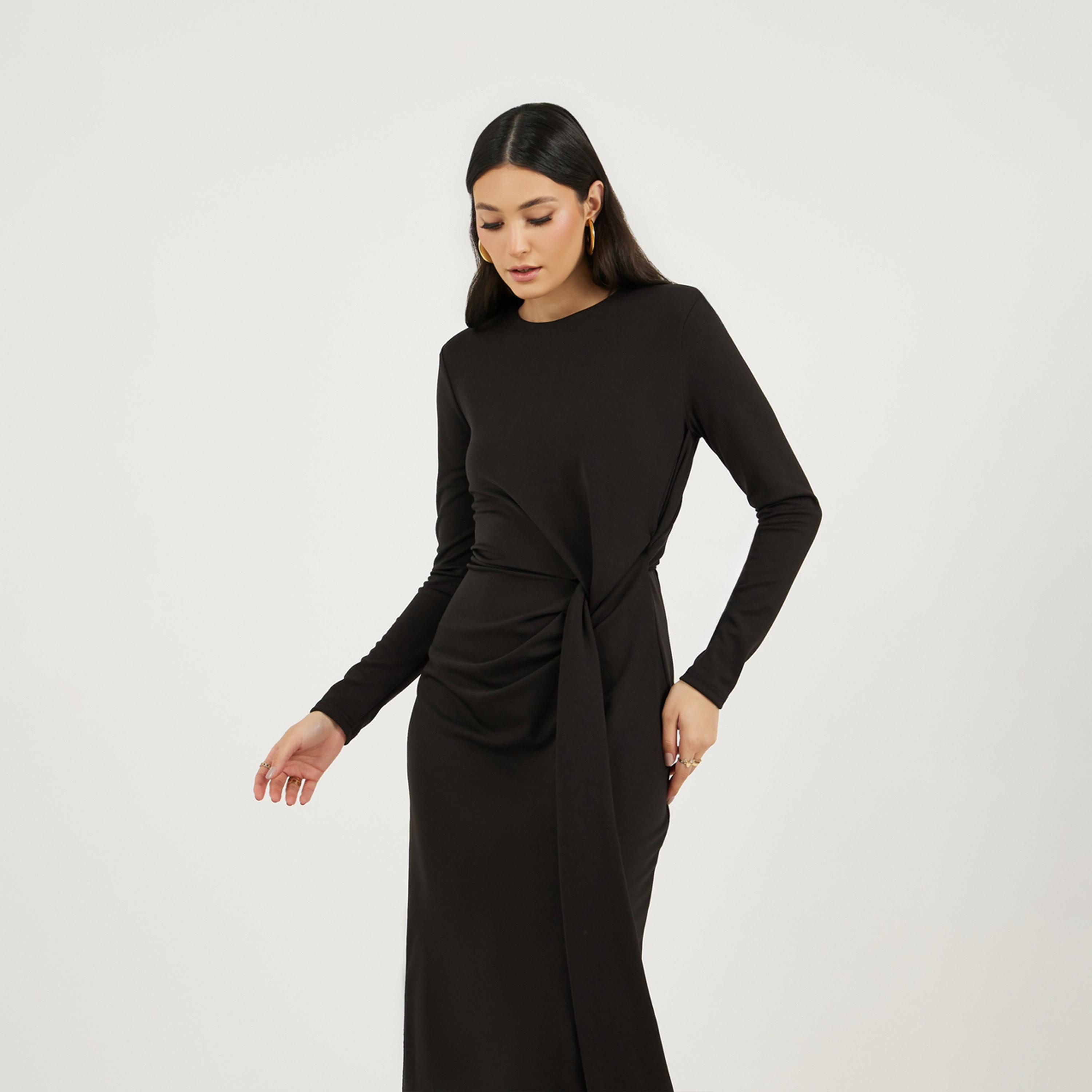 Styli Solid Long Sleeves Sheath Midi Dress with Self Tie Up-women-clothing-dresses-image-5