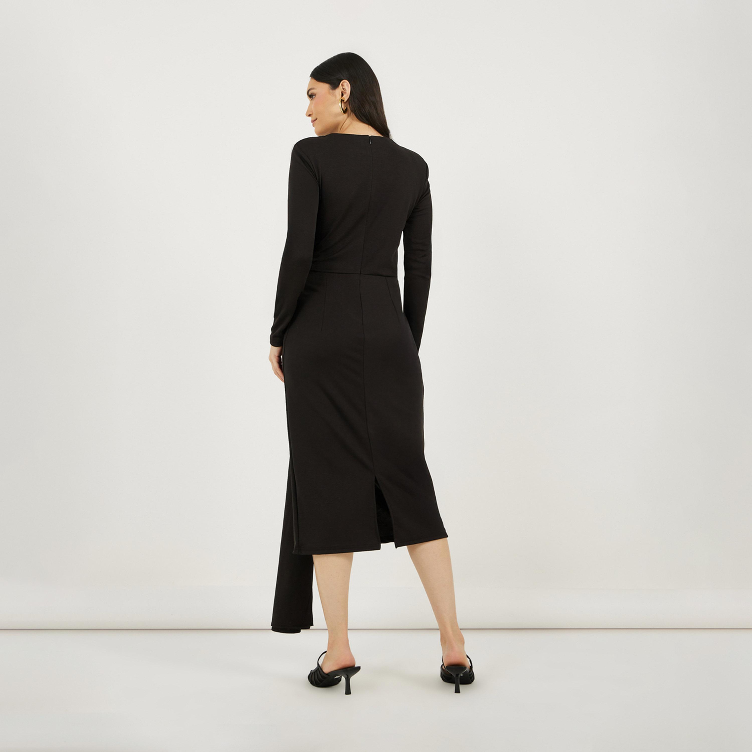 Styli Solid Long Sleeves Sheath Midi Dress with Self Tie Up-women-clothing-dresses-image-6