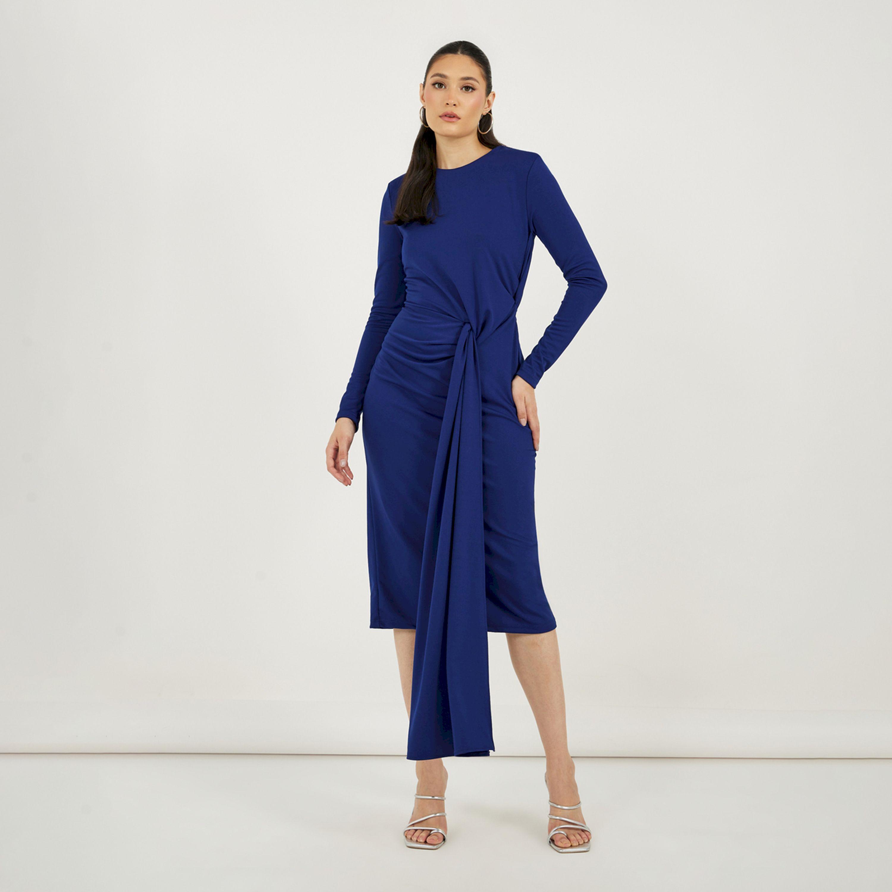 Styli Solid Long Sleeves Sheath Midi Dress with Self Tie Up-women-clothing-dresses-image-1