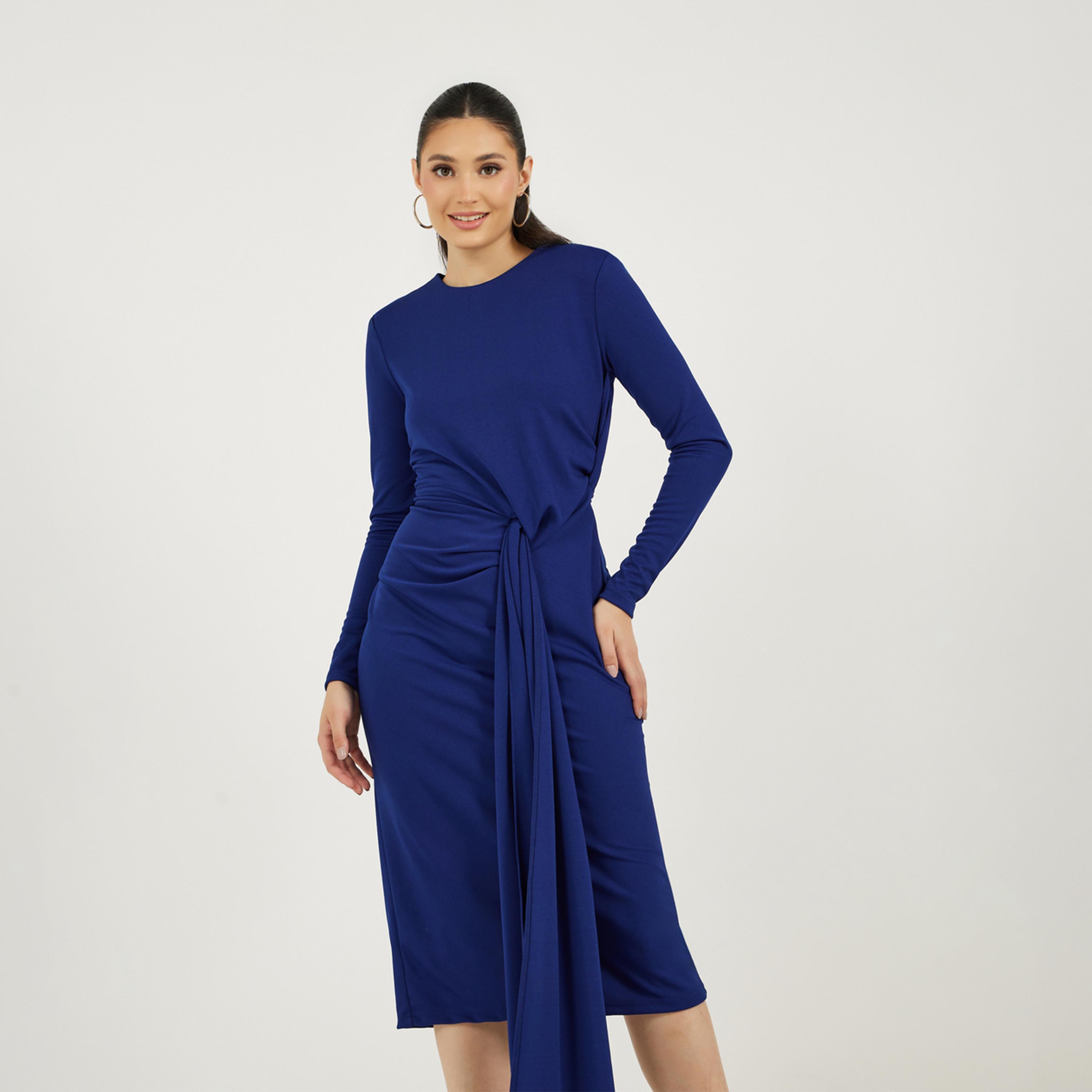 Styli Solid Long Sleeves Sheath Midi Dress with Self Tie Up-women-clothing-dresses-image-2