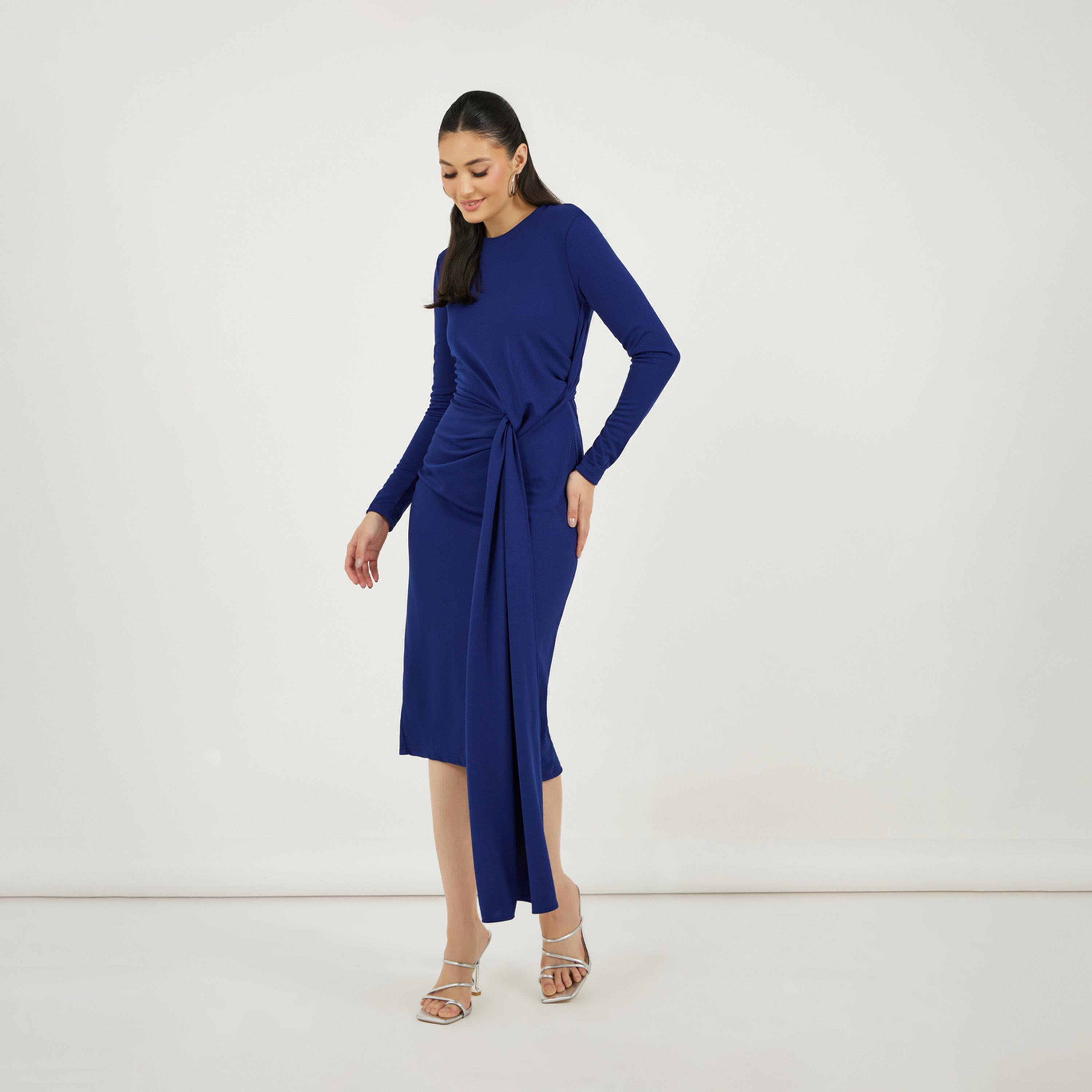 Styli Solid Long Sleeves Sheath Midi Dress with Self Tie Up-women-clothing-dresses-image-4