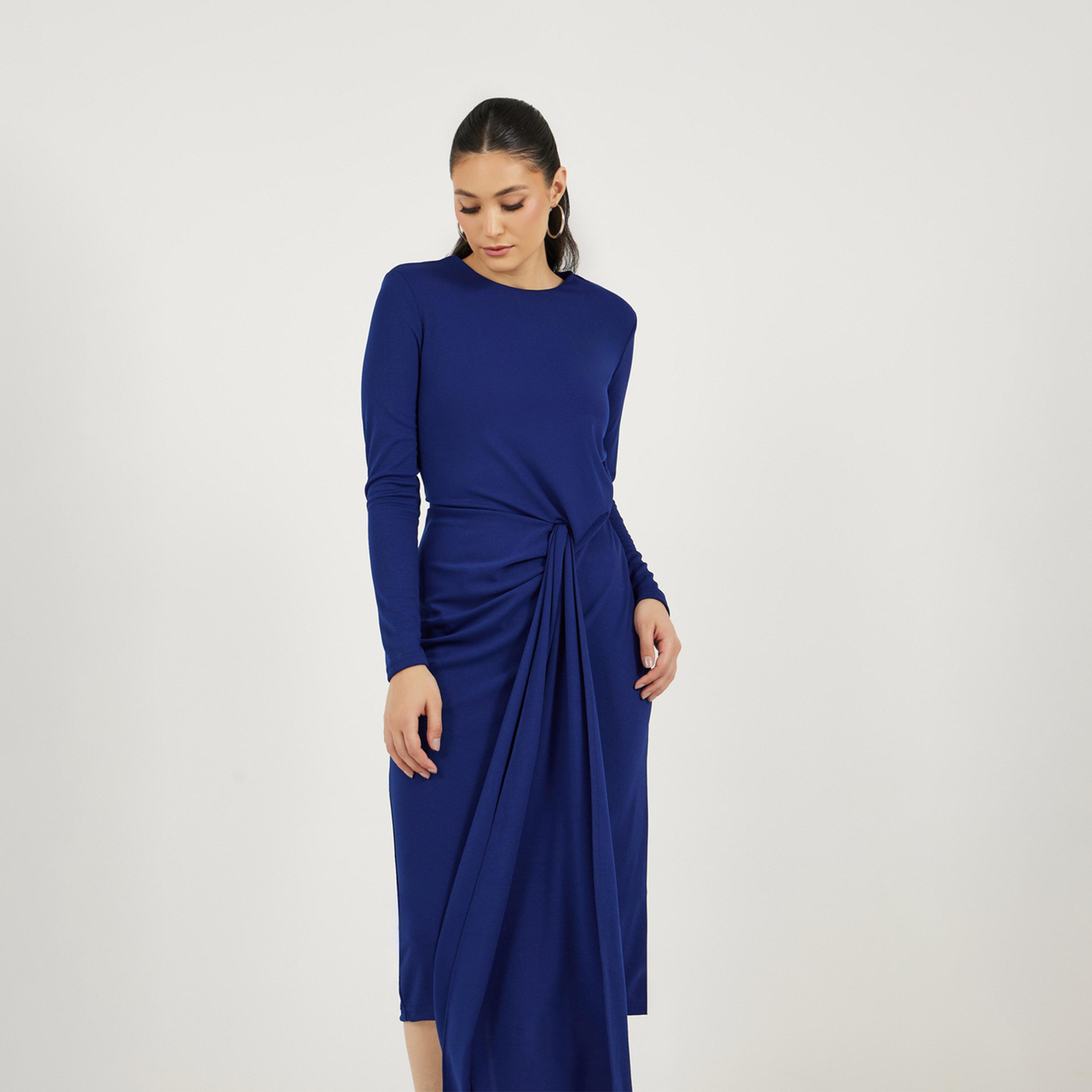 Styli Solid Long Sleeves Sheath Midi Dress with Self Tie Up-women-clothing-dresses-image-5