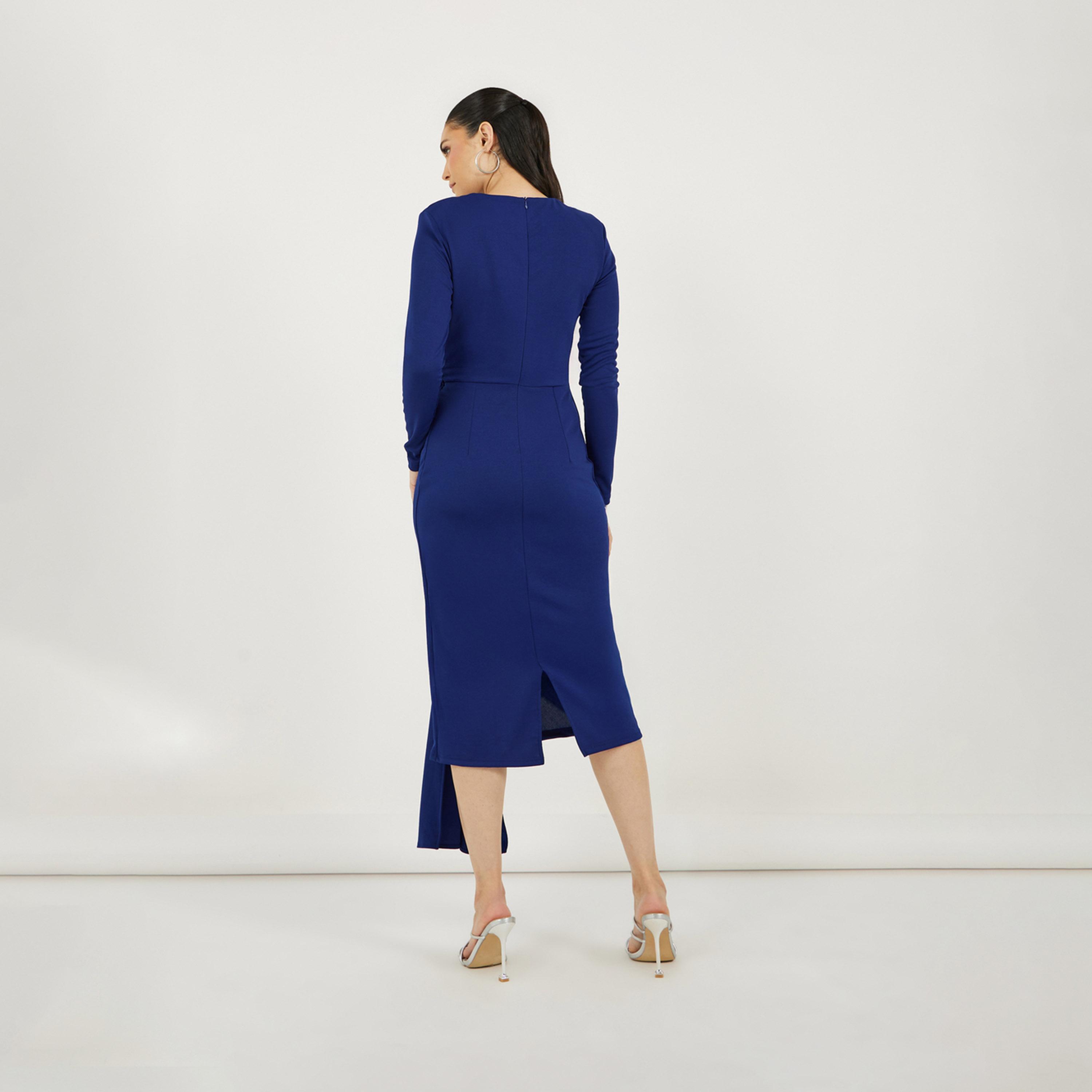 Styli Solid Long Sleeves Sheath Midi Dress with Self Tie Up-women-clothing-dresses-image-6