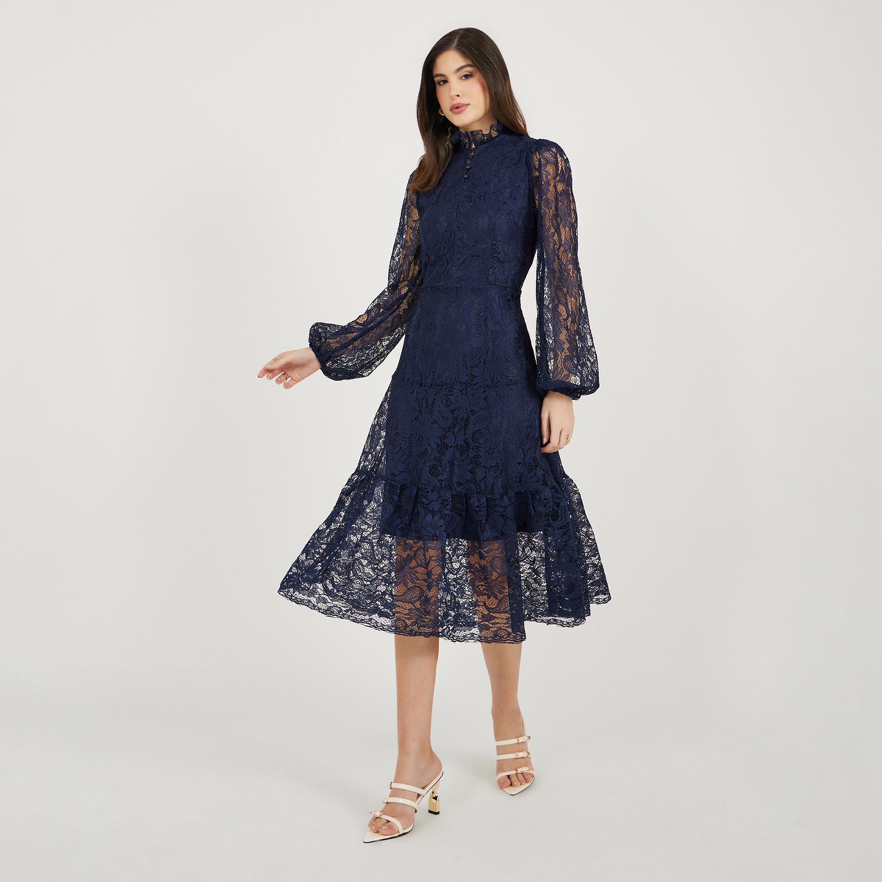 Styli Lace Insert Balloon Sleeves A-Line Midi Dress-women-clothing-dresses-image-2