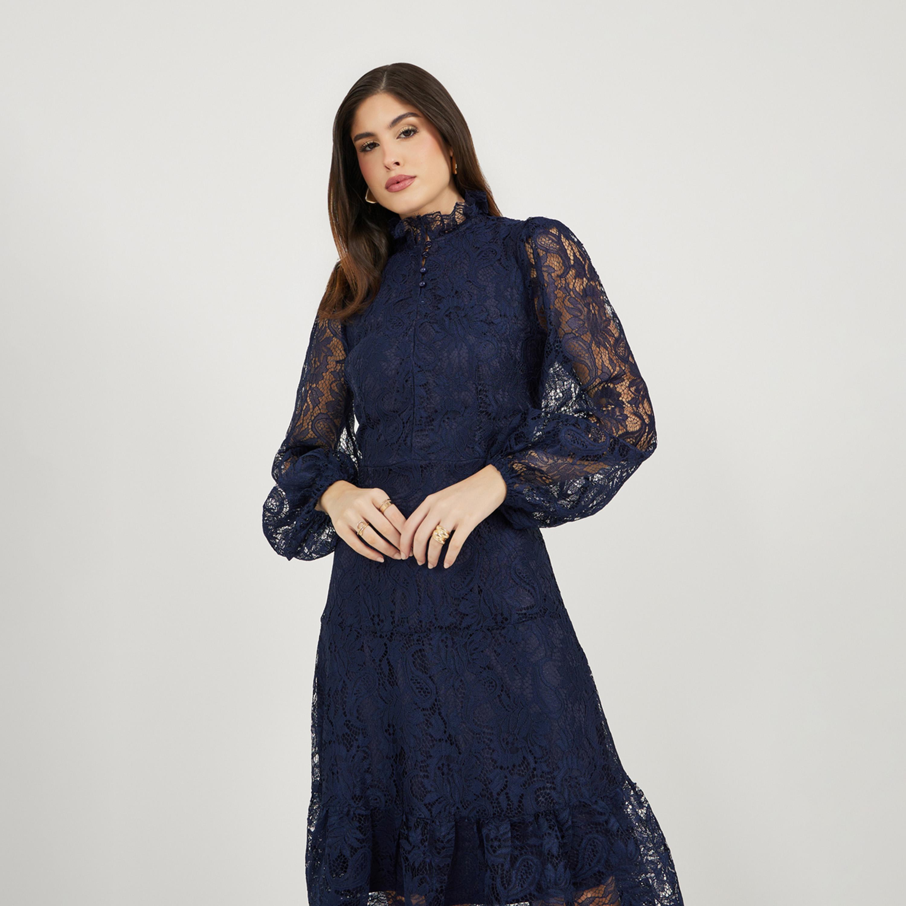 Styli Lace Insert Balloon Sleeves A-Line Midi Dress-women-clothing-dresses-image-3