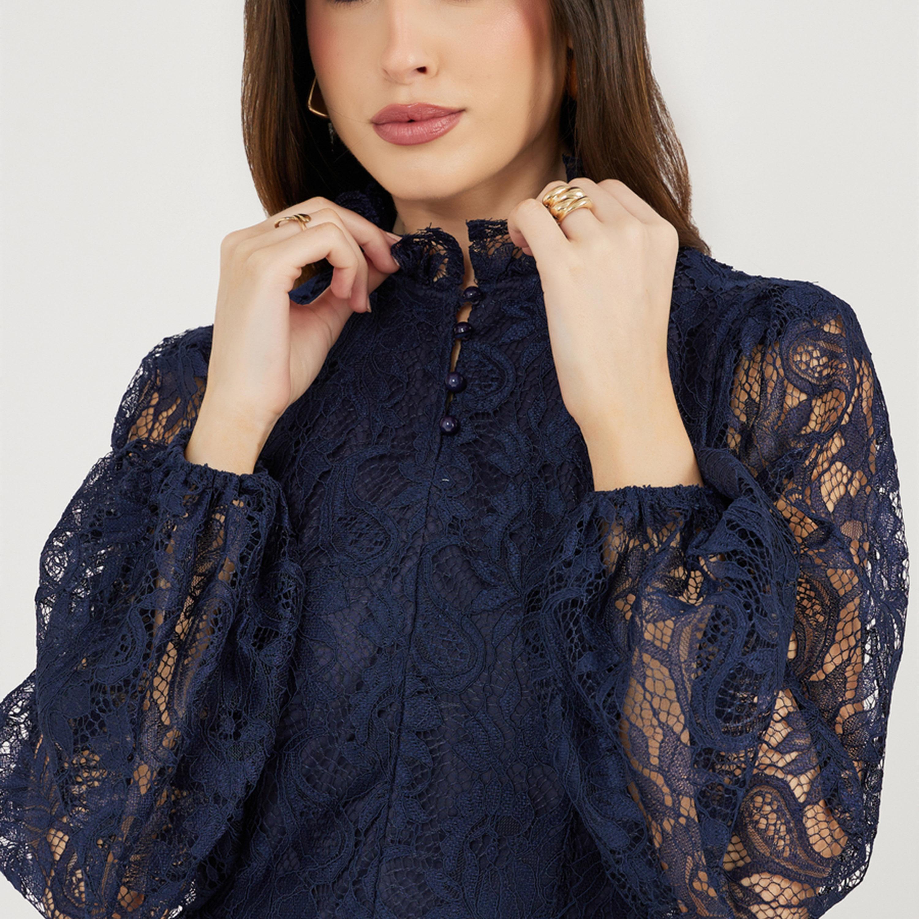 Styli Lace Insert Balloon Sleeves A-Line Midi Dress-women-clothing-dresses-image-4