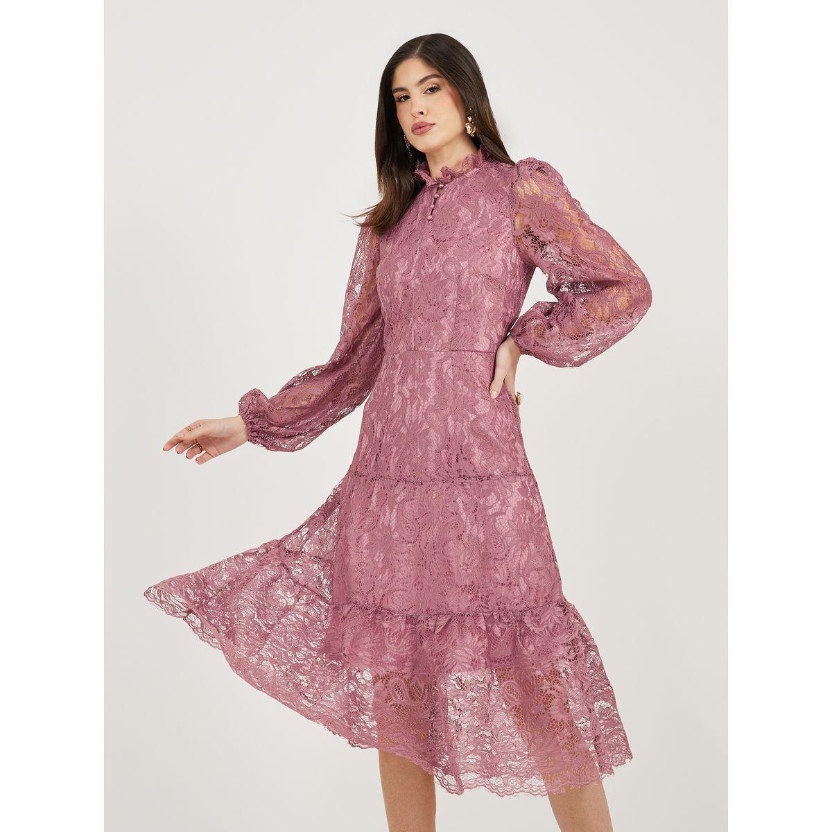 Lace Insert Balloon Sleeves A-Line Midi Dress-women-clothing-dresses-image-1