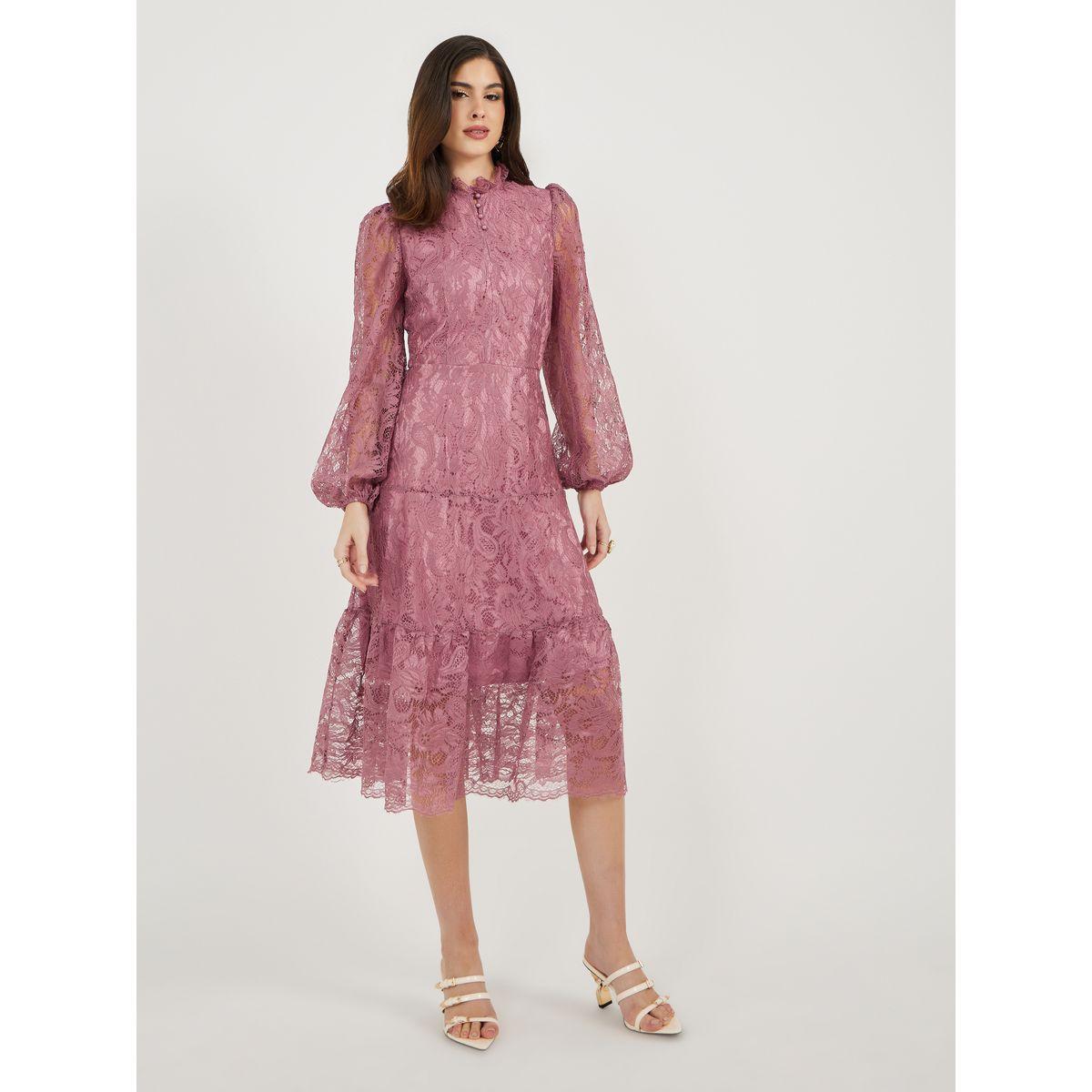 Lace Insert Balloon Sleeves A-Line Midi Dress-women-clothing-dresses-image-2
