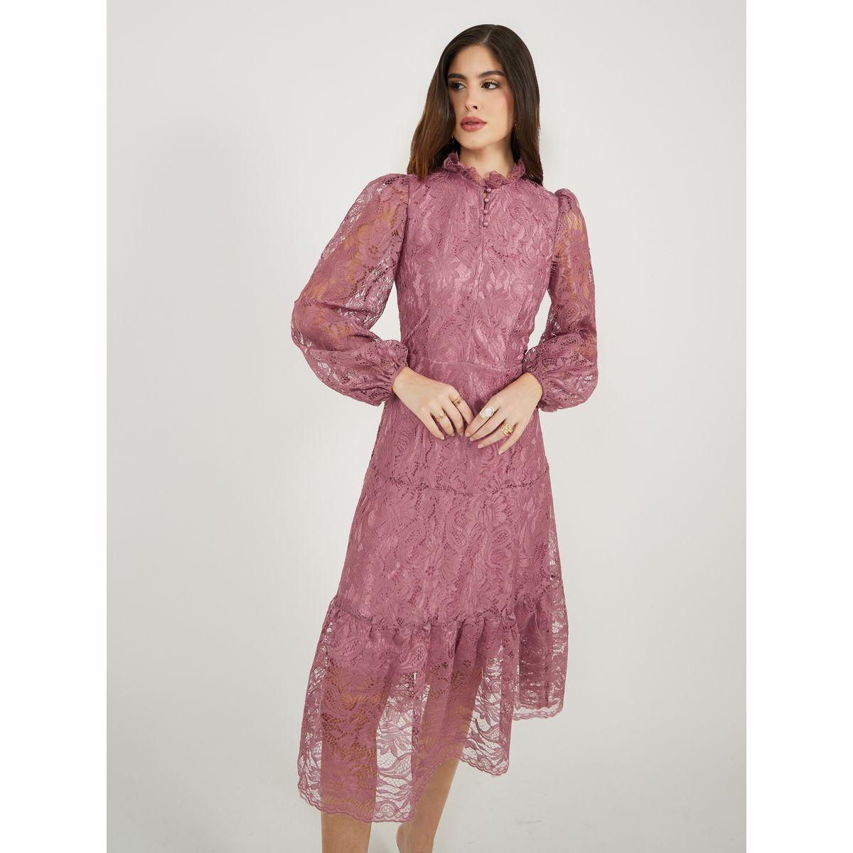 Lace Insert Balloon Sleeves A-Line Midi Dress-women-clothing-dresses-image-3