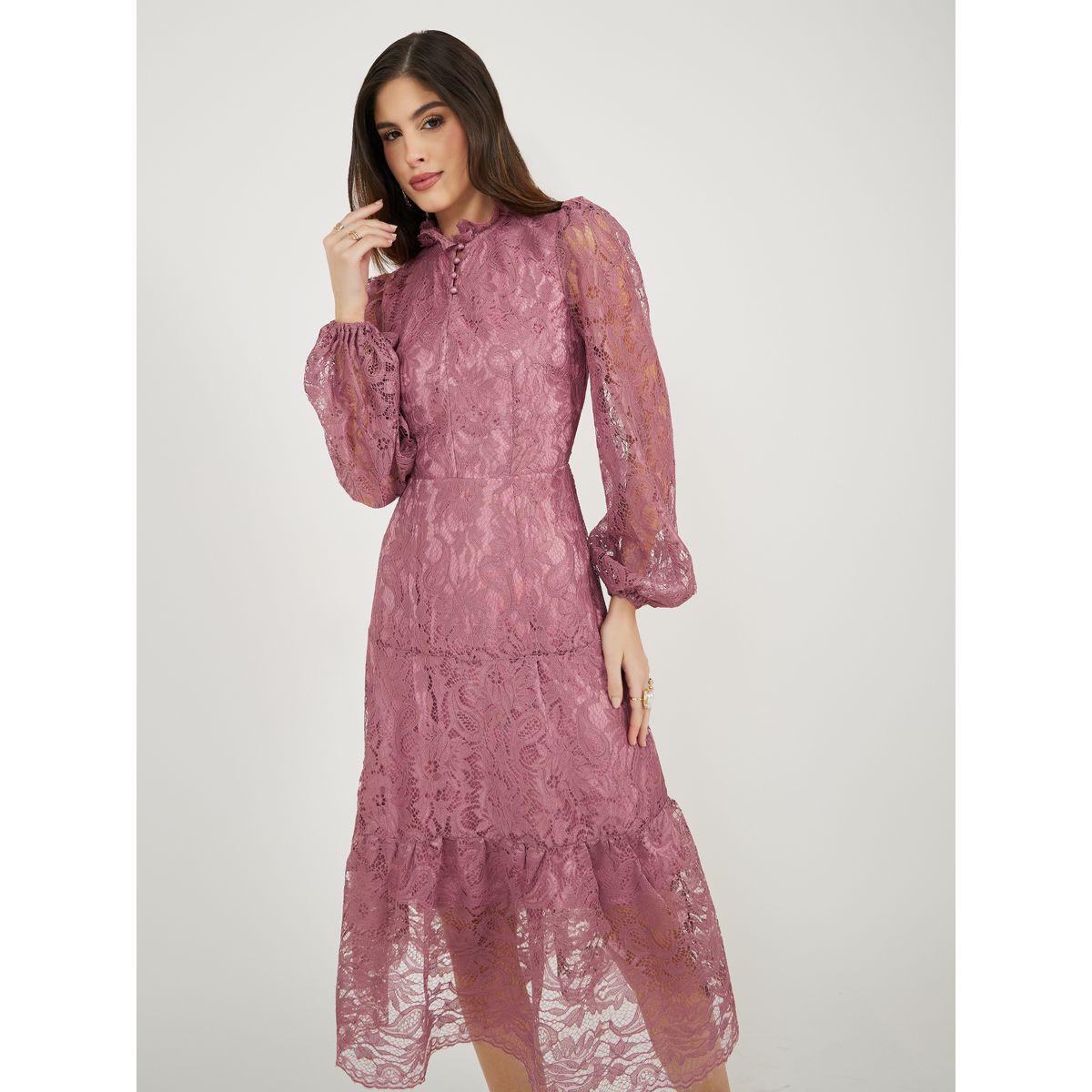 Lace Insert Balloon Sleeves A-Line Midi Dress-women-clothing-dresses-image-4