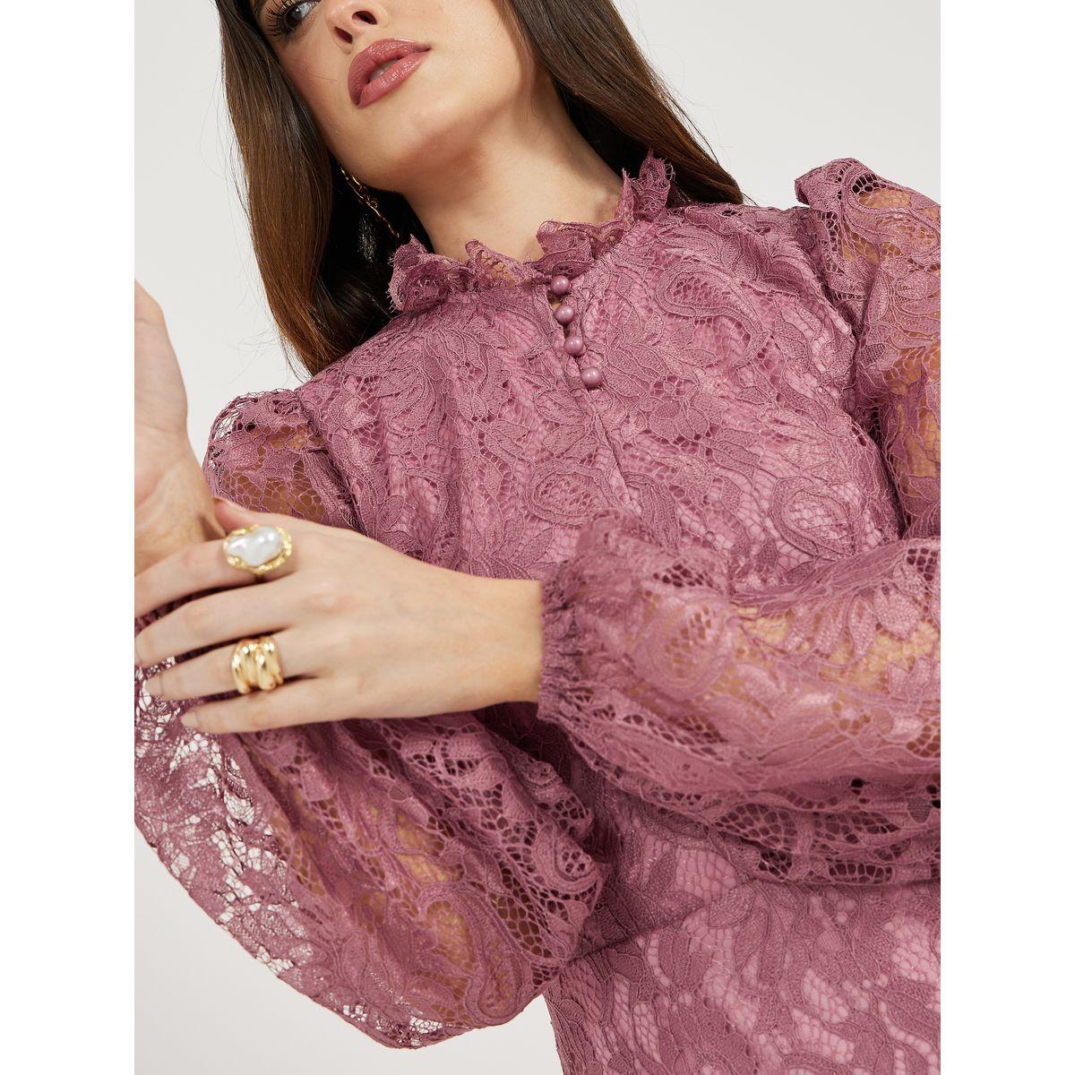 Lace Insert Balloon Sleeves A-Line Midi Dress-women-clothing-dresses-image-5