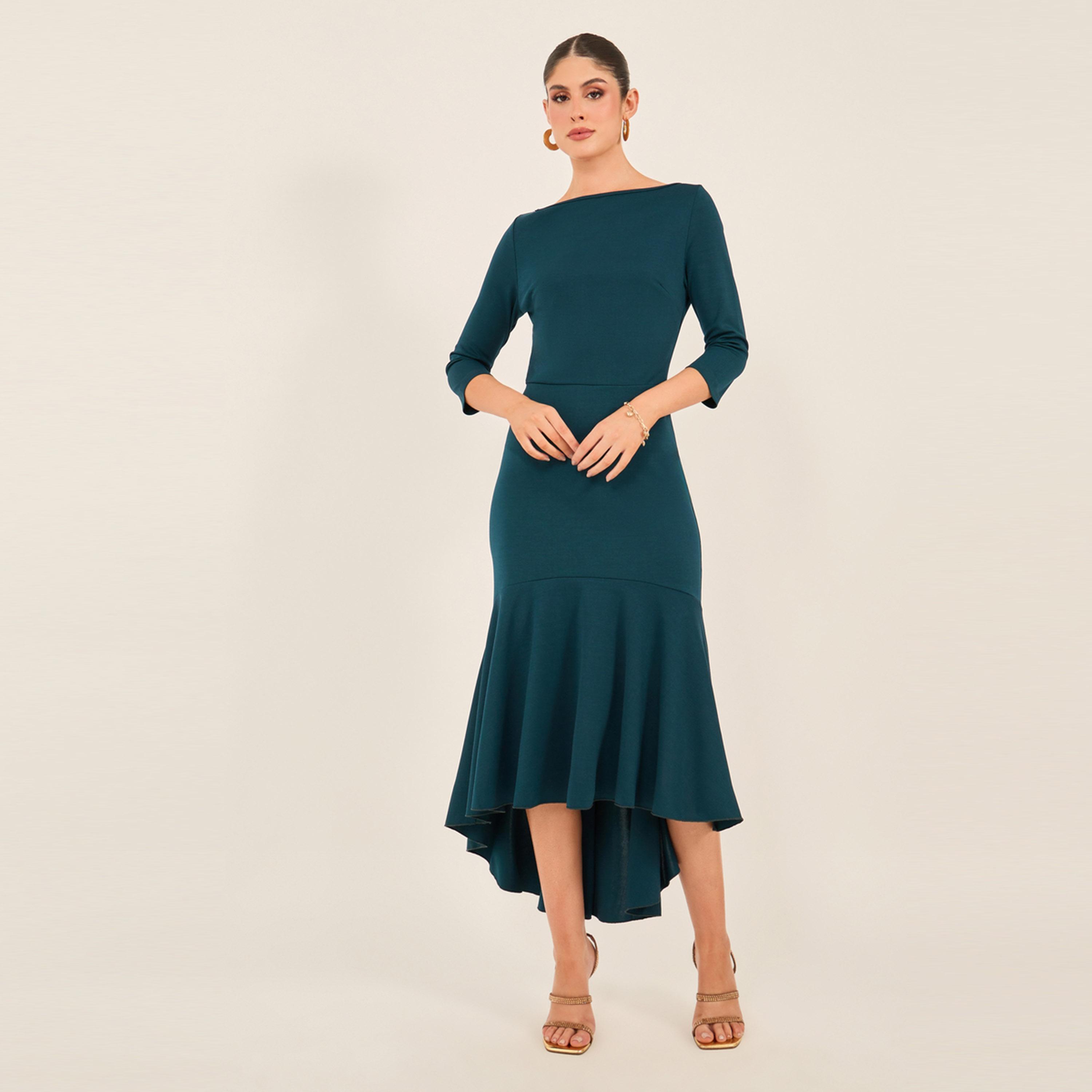 Styli Solid Boat Neck Mermaid Hem Midi Dress-women-clothing-dresses-image-1