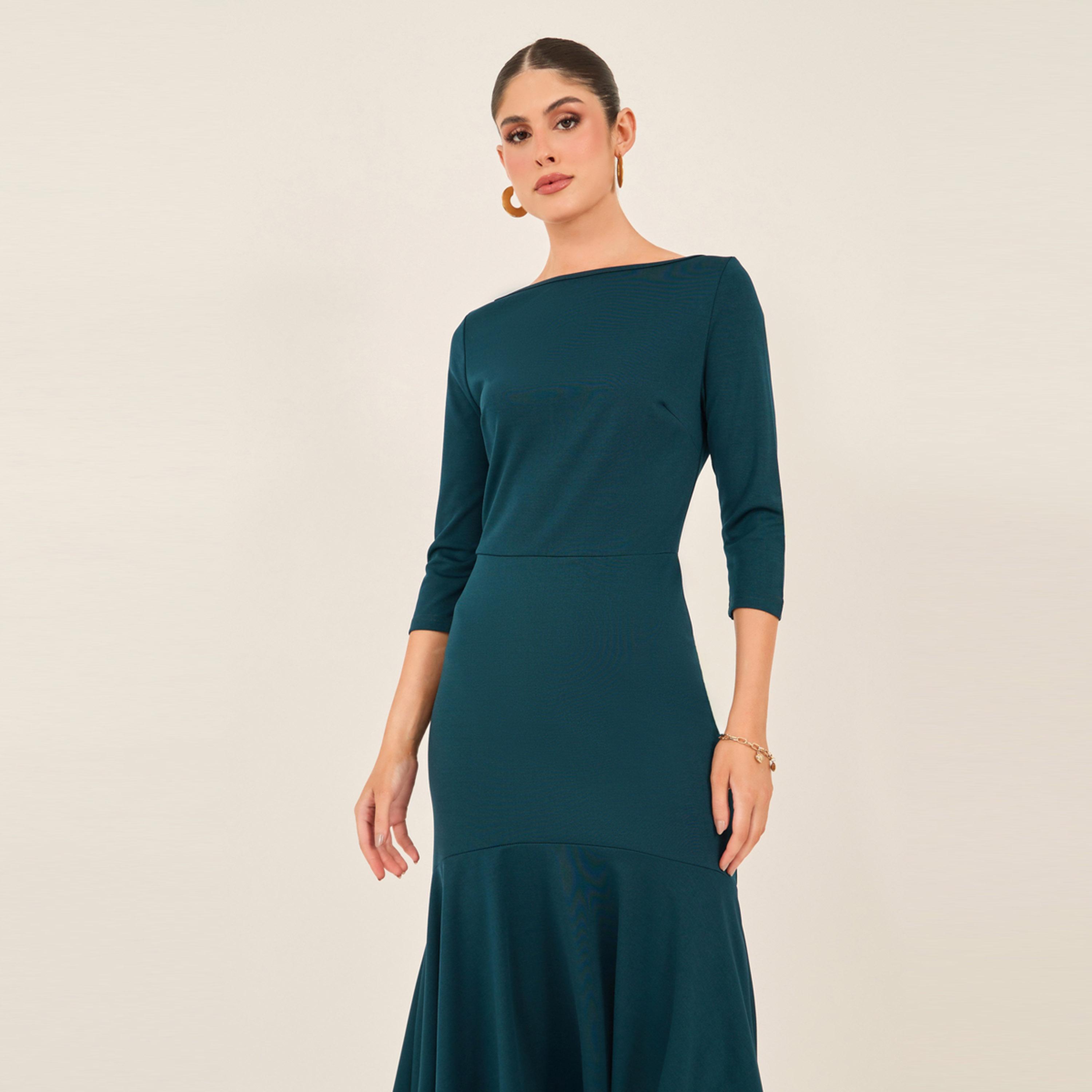 Styli Solid Boat Neck Mermaid Hem Midi Dress-women-clothing-dresses-image-3