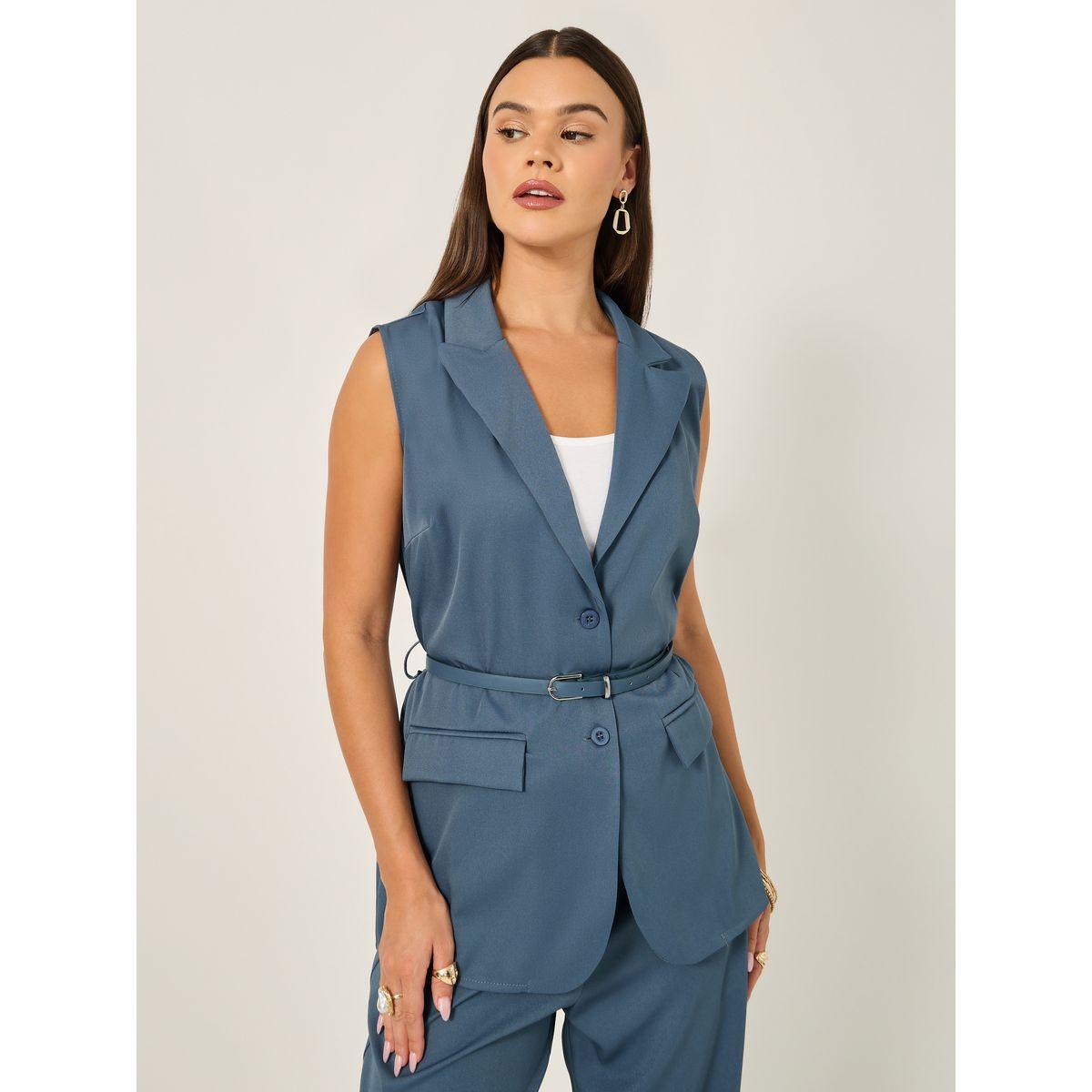 Solid Regular Fit Longline Waistcoat with Belt-women-clothing-coatsandjackets-waistcoats-image-1