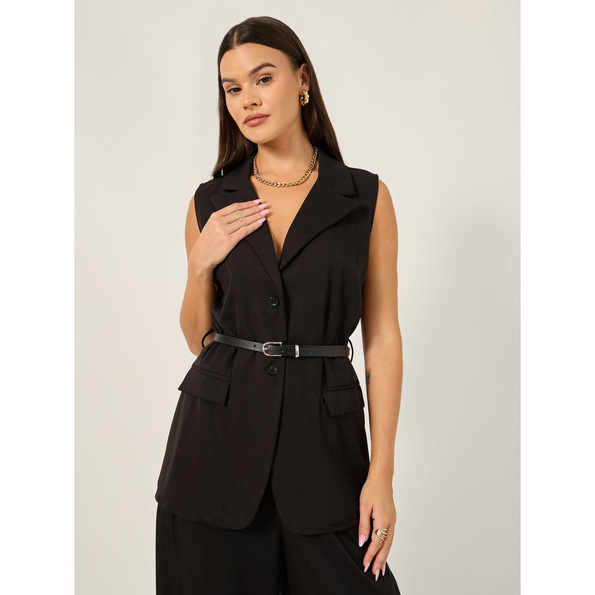 Styli Solid Regular Fit Longline Waistcoat with Belt-women-clothing-shirtsandblouses-blouses-image-1