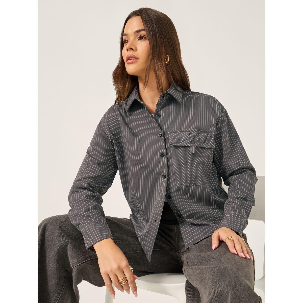 Styli Striped Loose Fit Shirt with Flap Pocket Details-women-clothing-shirtsandblouses-shirts-image-1