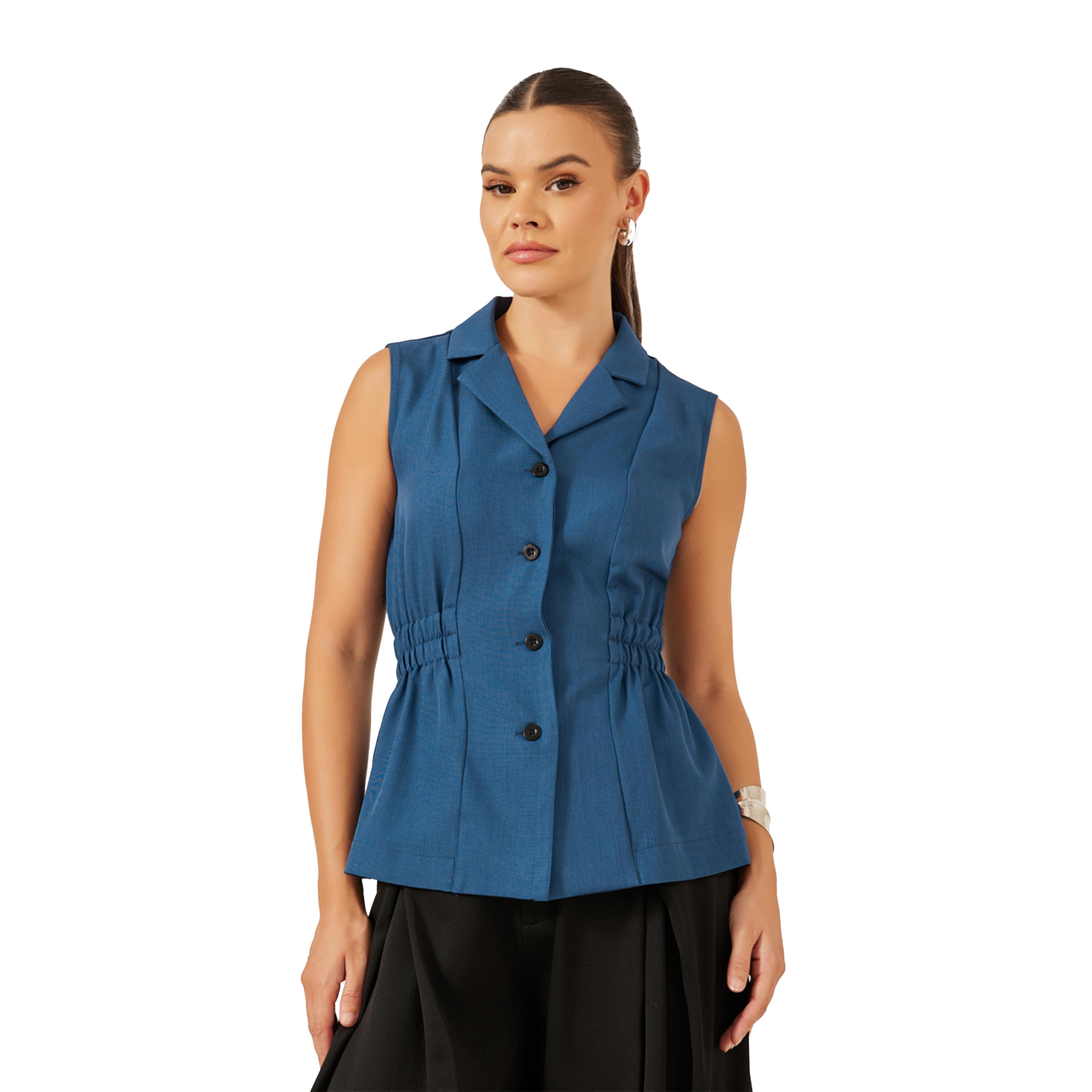 Styli Solid Notch Lapel Waistcoat with Elasticated Waist Detail-women-clothing-coatsandjackets-waistcoats-image-1