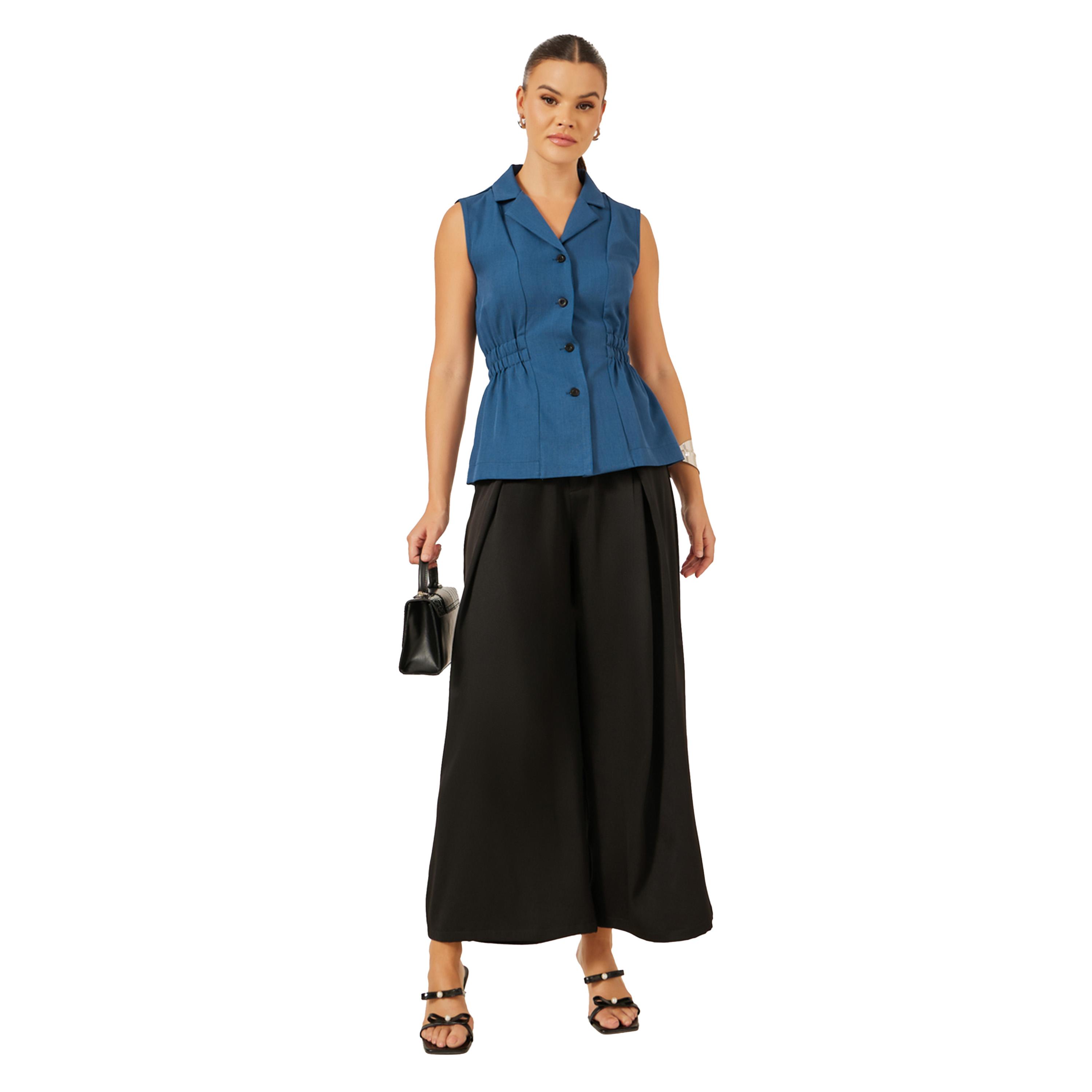 Styli Solid Notch Lapel Waistcoat with Elasticated Waist Detail-women-clothing-coatsandjackets-waistcoats-image-2