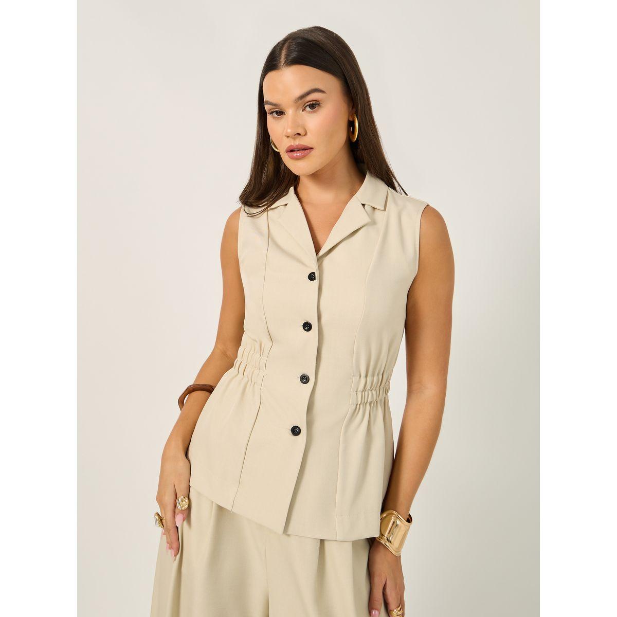Styli Solid Notch Lapel Buttoned Top-women-clothing-shirtsandblouses-blouses-image-1