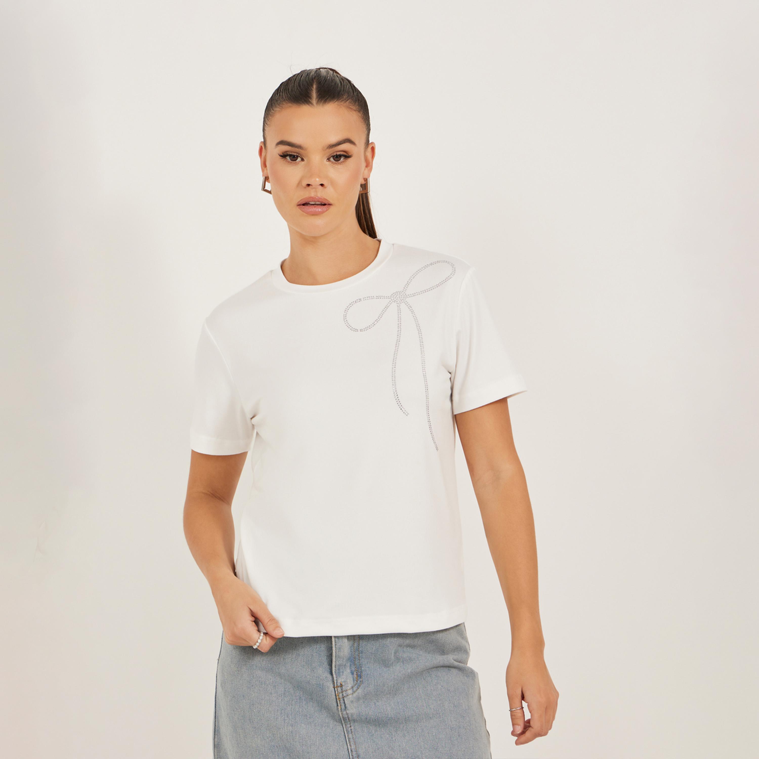 Styli Bow Embellished Detail Regular Fit T-Shirt-women-clothing-tshirts-image-3