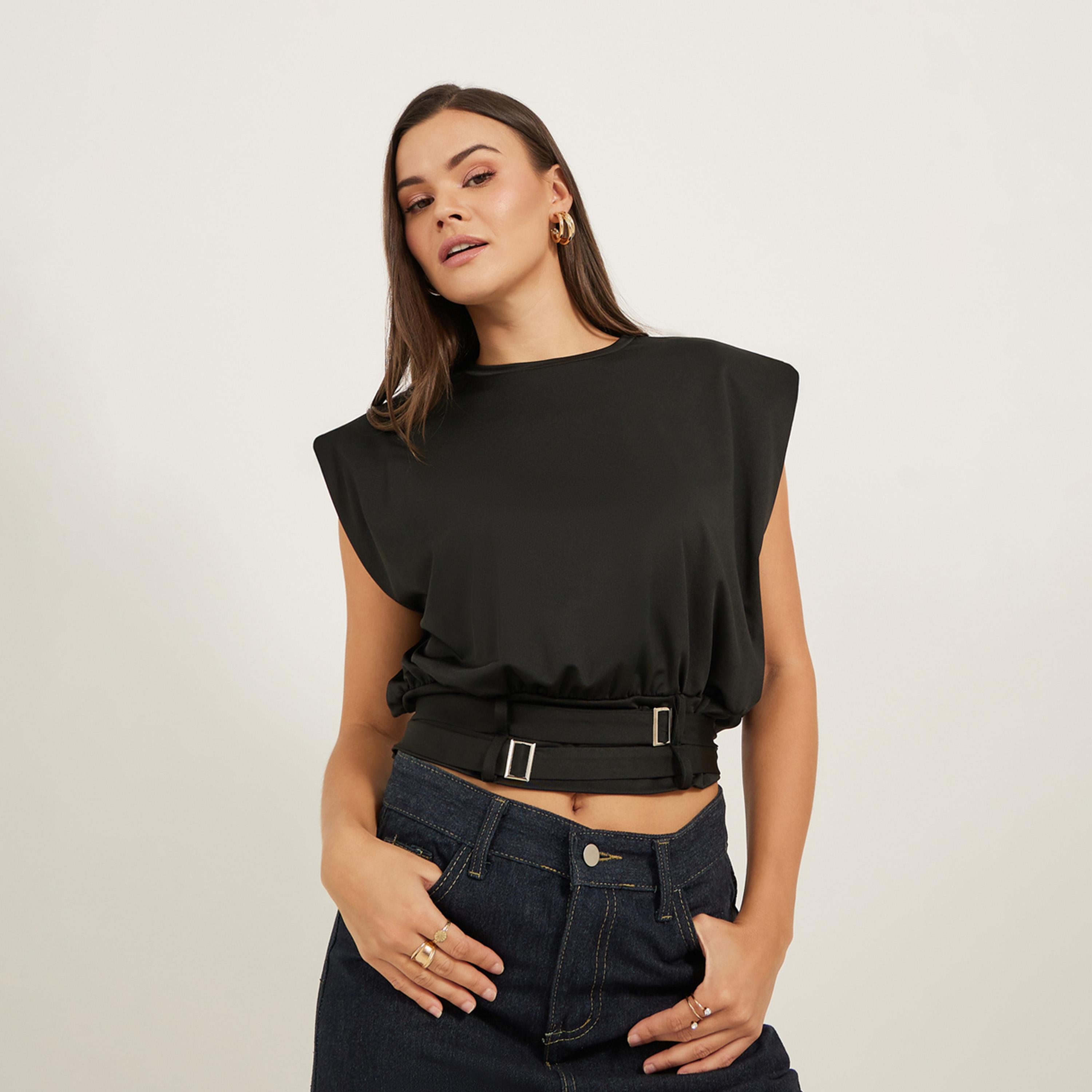 Styli Padded Shoulder Belted Cropped Sleeveless Boxy T-Shirt-women-clothing-tshirts-image-1