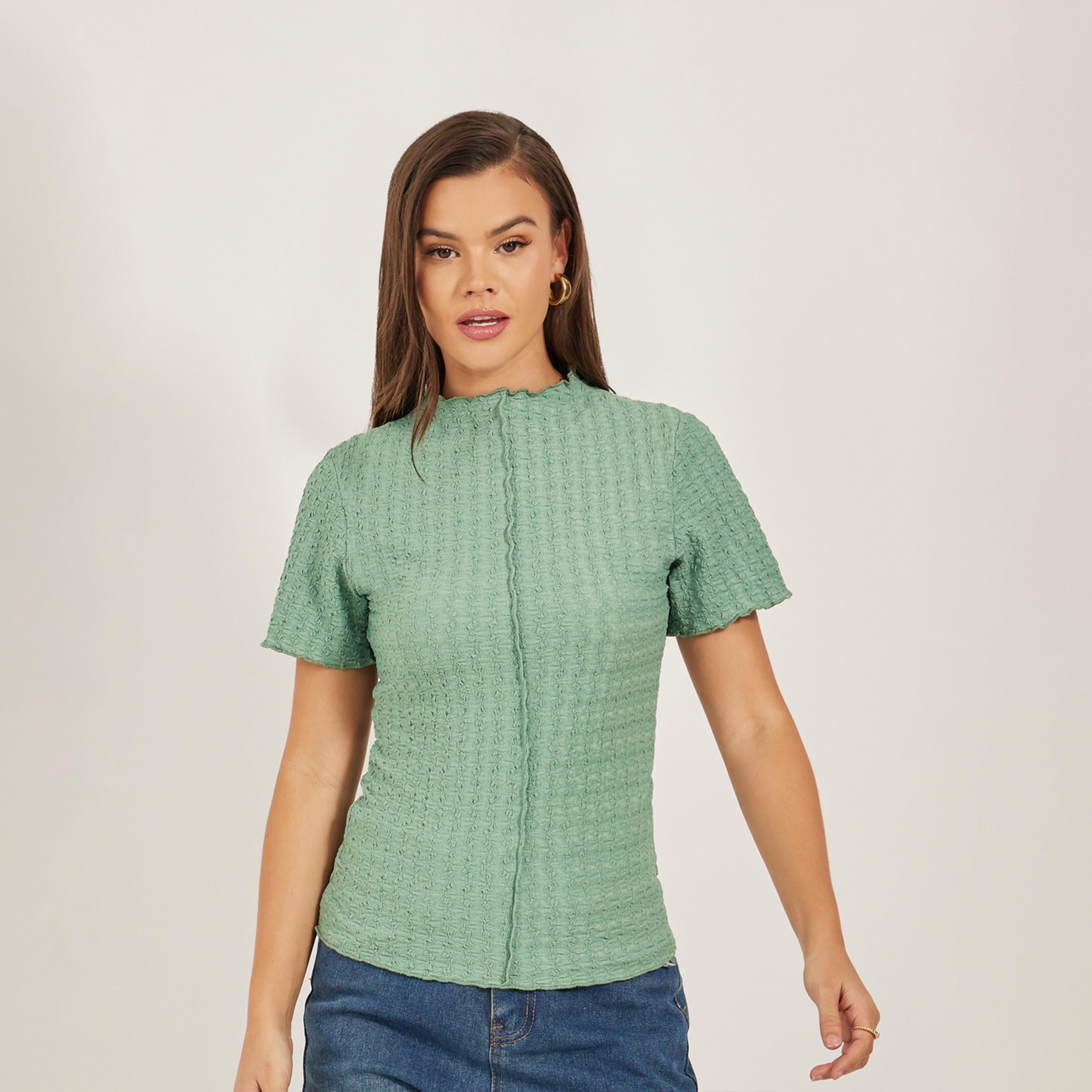 Styli Textured High Neck Fitted T-Shirt with Lettuce Edge-women-clothing-tshirts-image-3