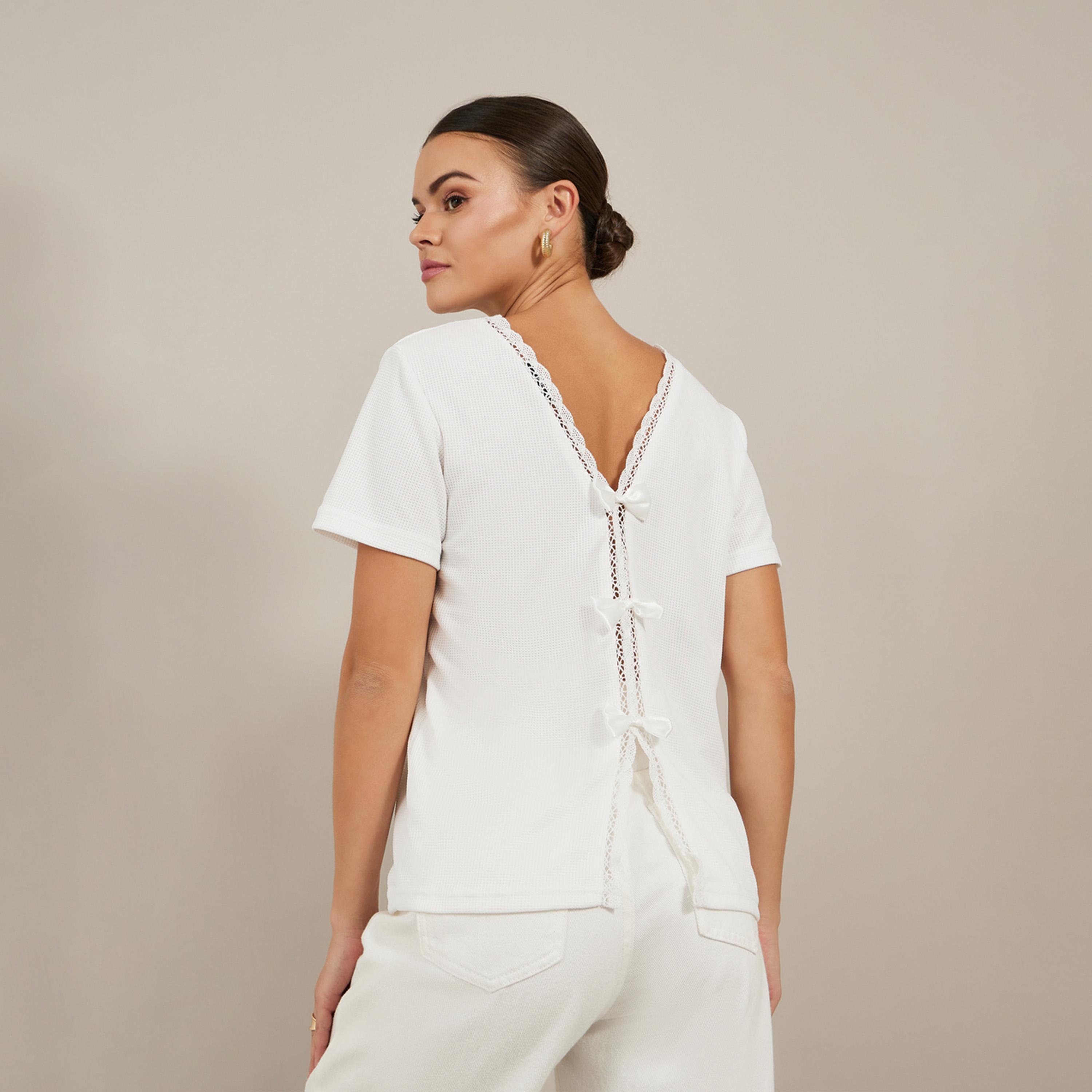 Styli Textured Round Neck Lace Detail T-Shirt with Bow Detail-women-clothing-tshirts-image-2