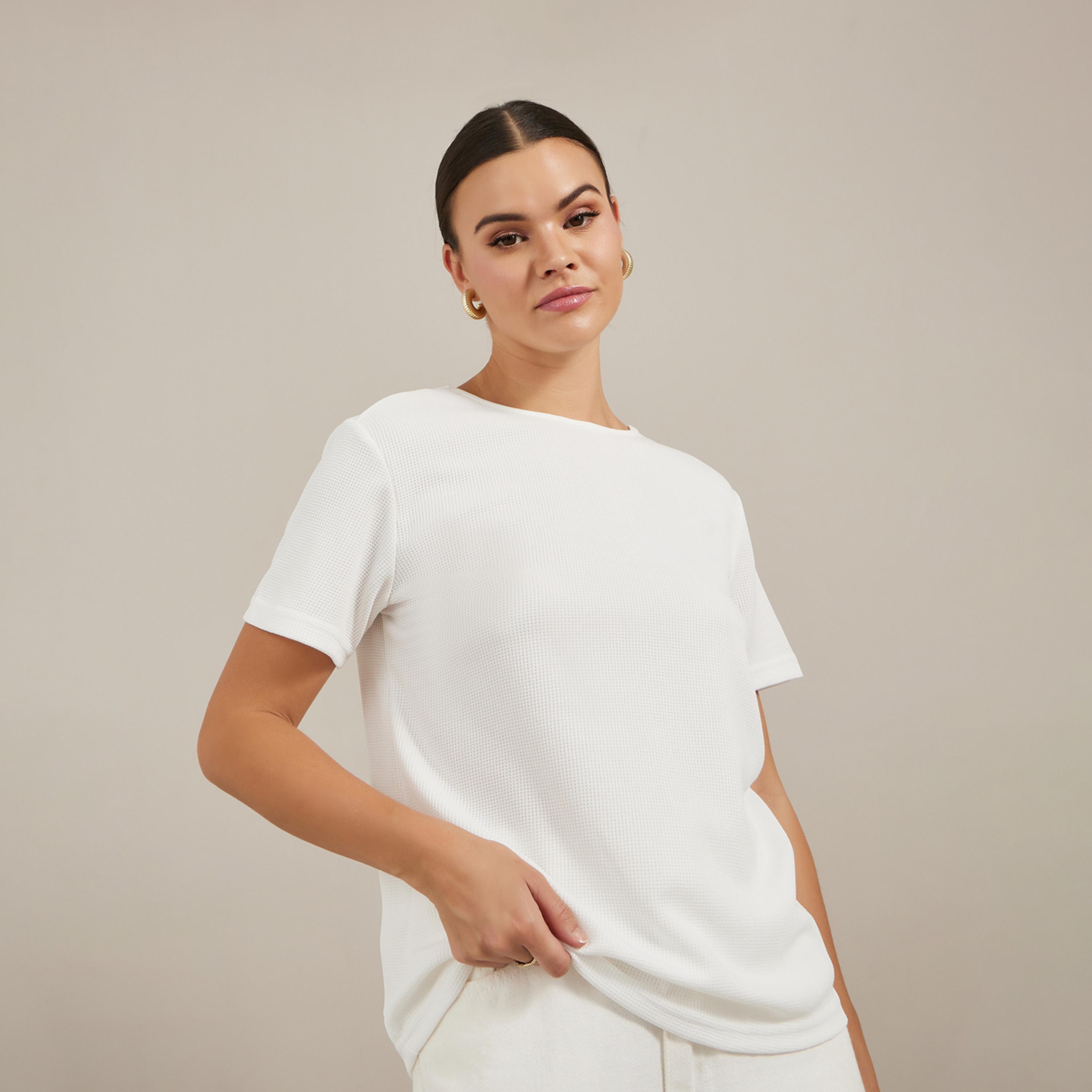 Styli Textured Round Neck Lace Detail T-Shirt with Bow Detail-women-clothing-tshirts-image-3