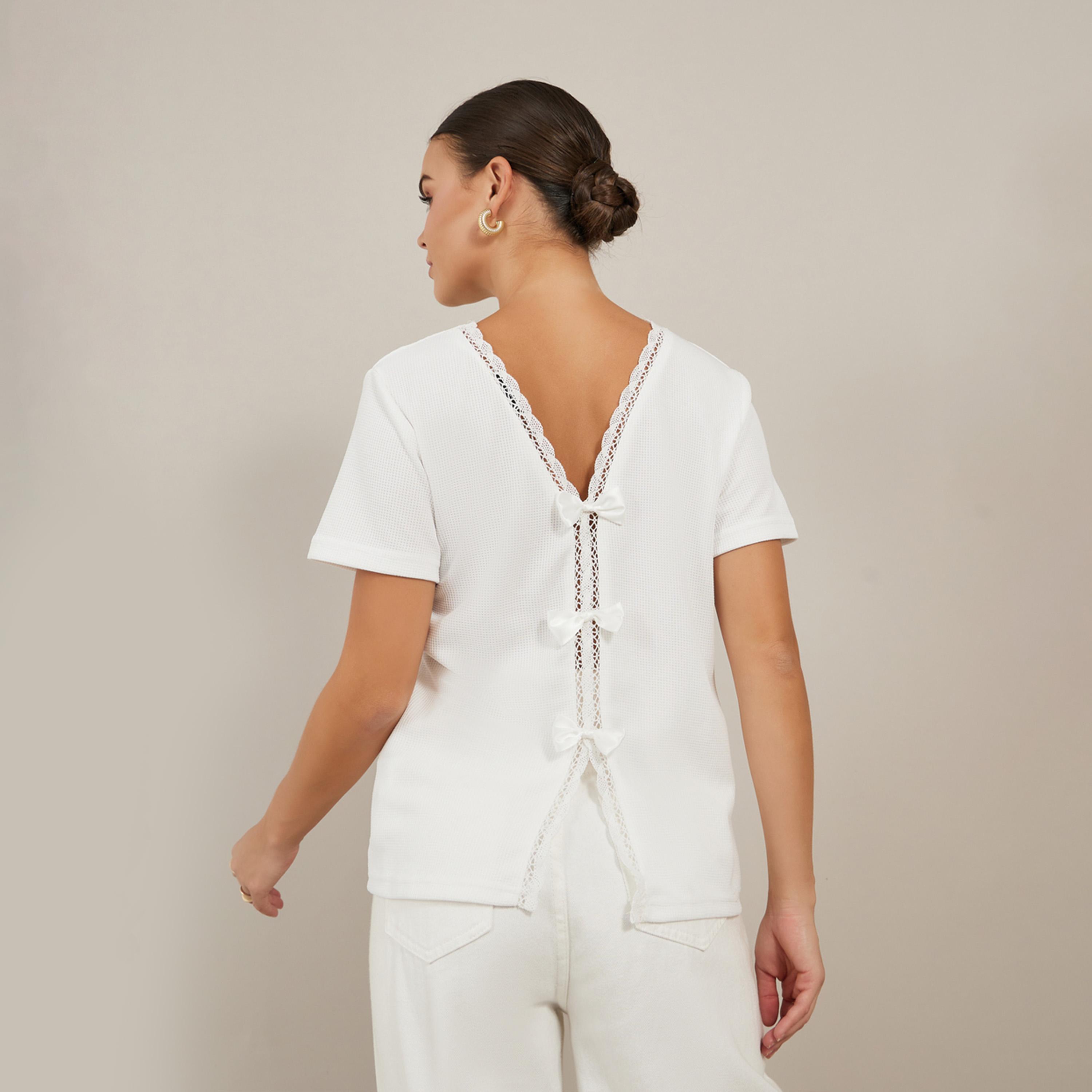 Styli Textured Round Neck Lace Detail T-Shirt with Bow Detail-women-clothing-tshirts-image-4