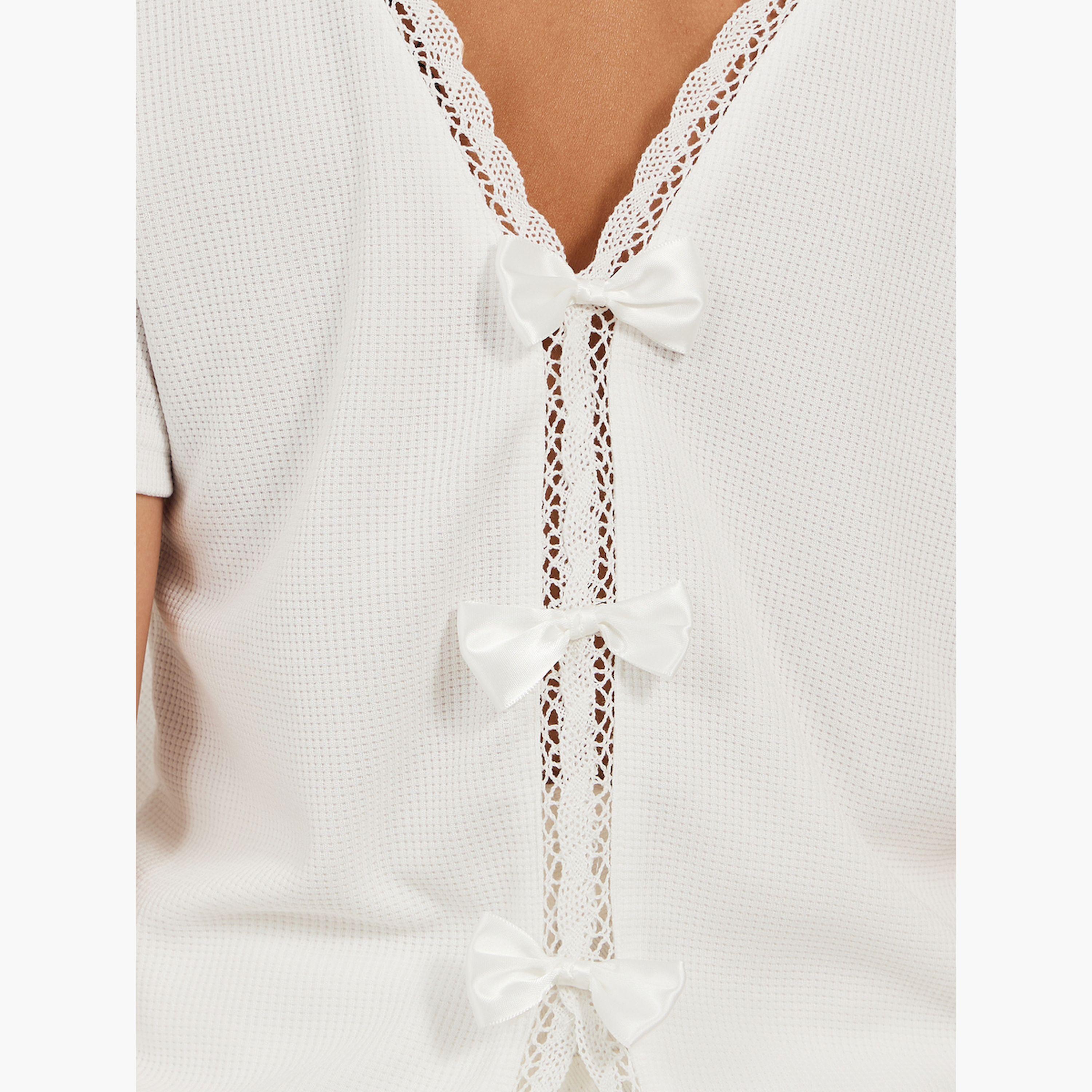 Styli Textured Round Neck Lace Detail T-Shirt with Bow Detail-women-clothing-tshirts-image-5