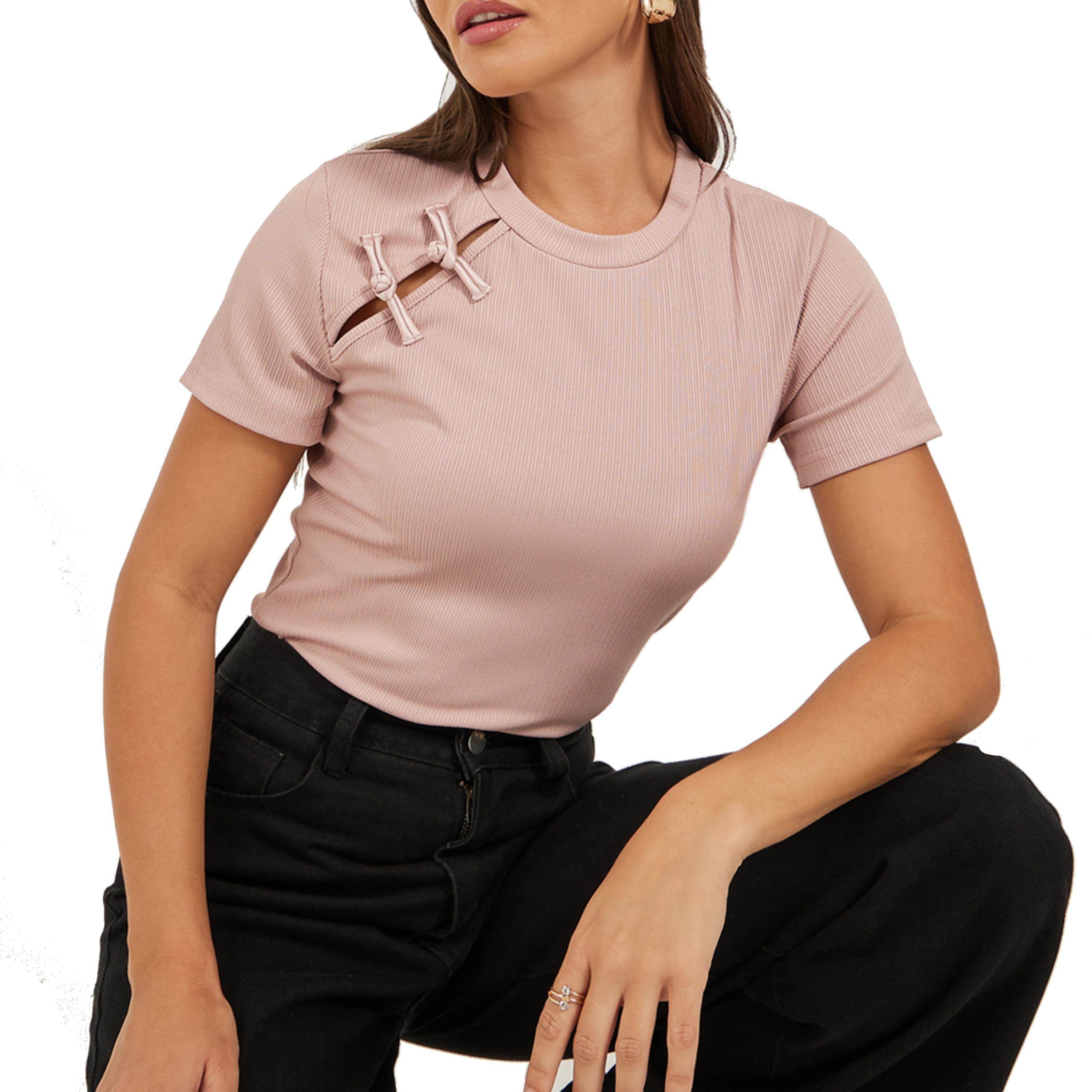ستايلي -  تي شيرت برقبة دائرية وتفاصيل فيونكة-women-clothing-tshirts-image-1