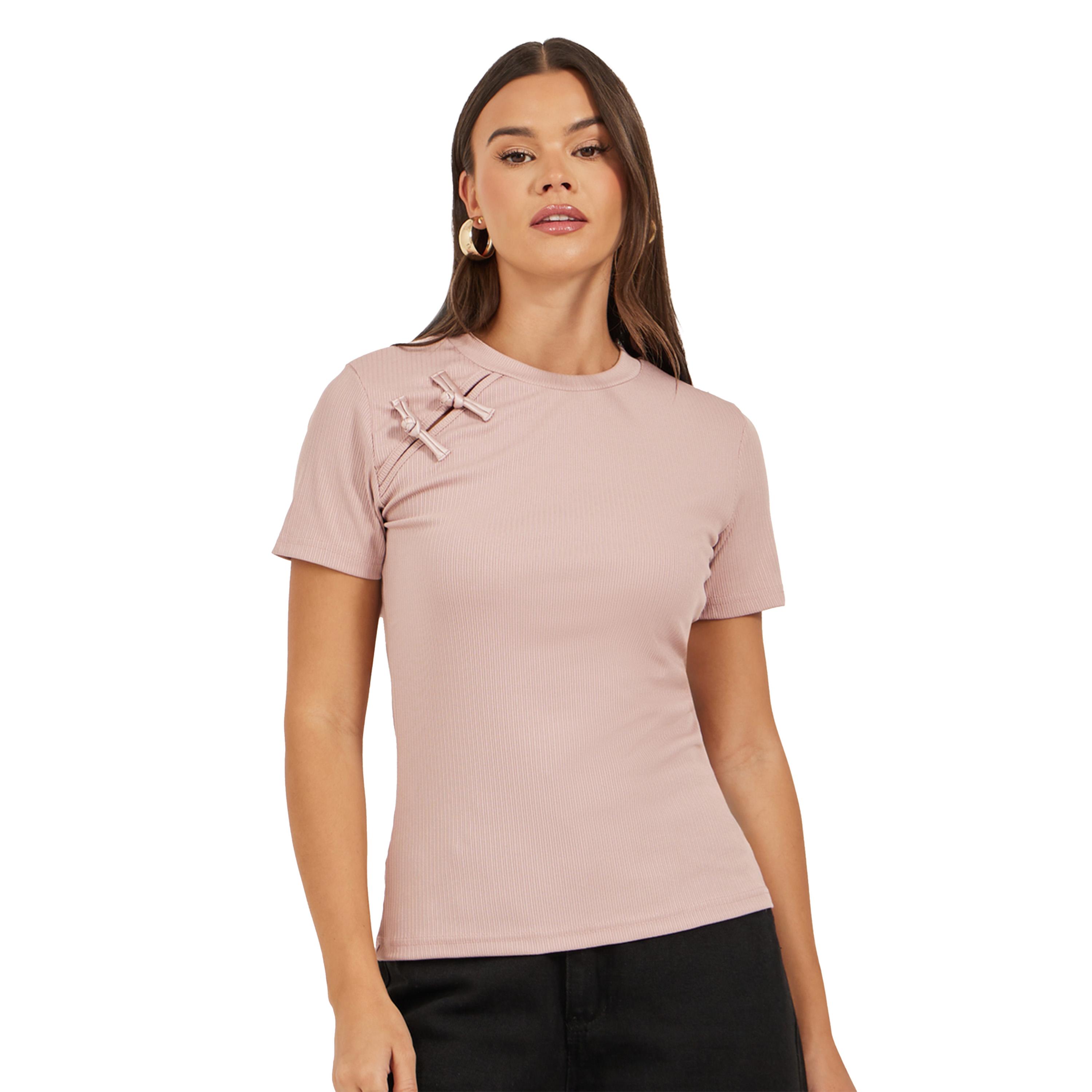 Styli Textured Bow Detail Round Neck T-Shirt-women-clothing-tshirts-image-3