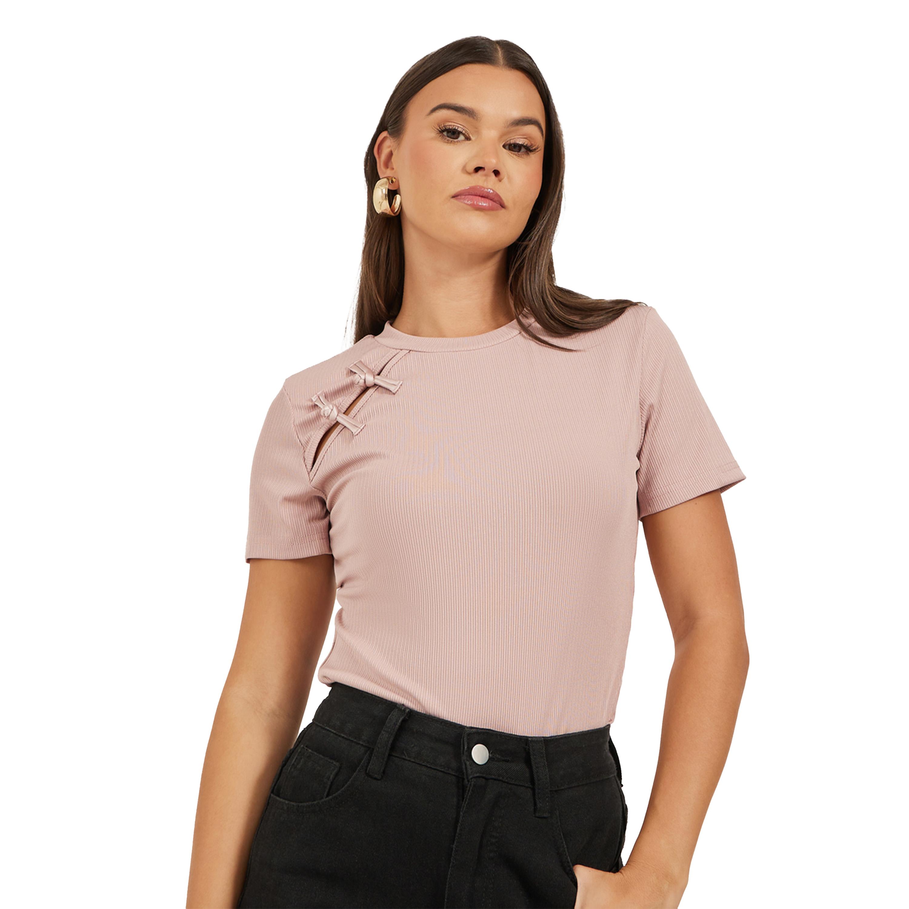 Styli Textured Bow Detail Round Neck T-Shirt-women-clothing-tshirts-image-4