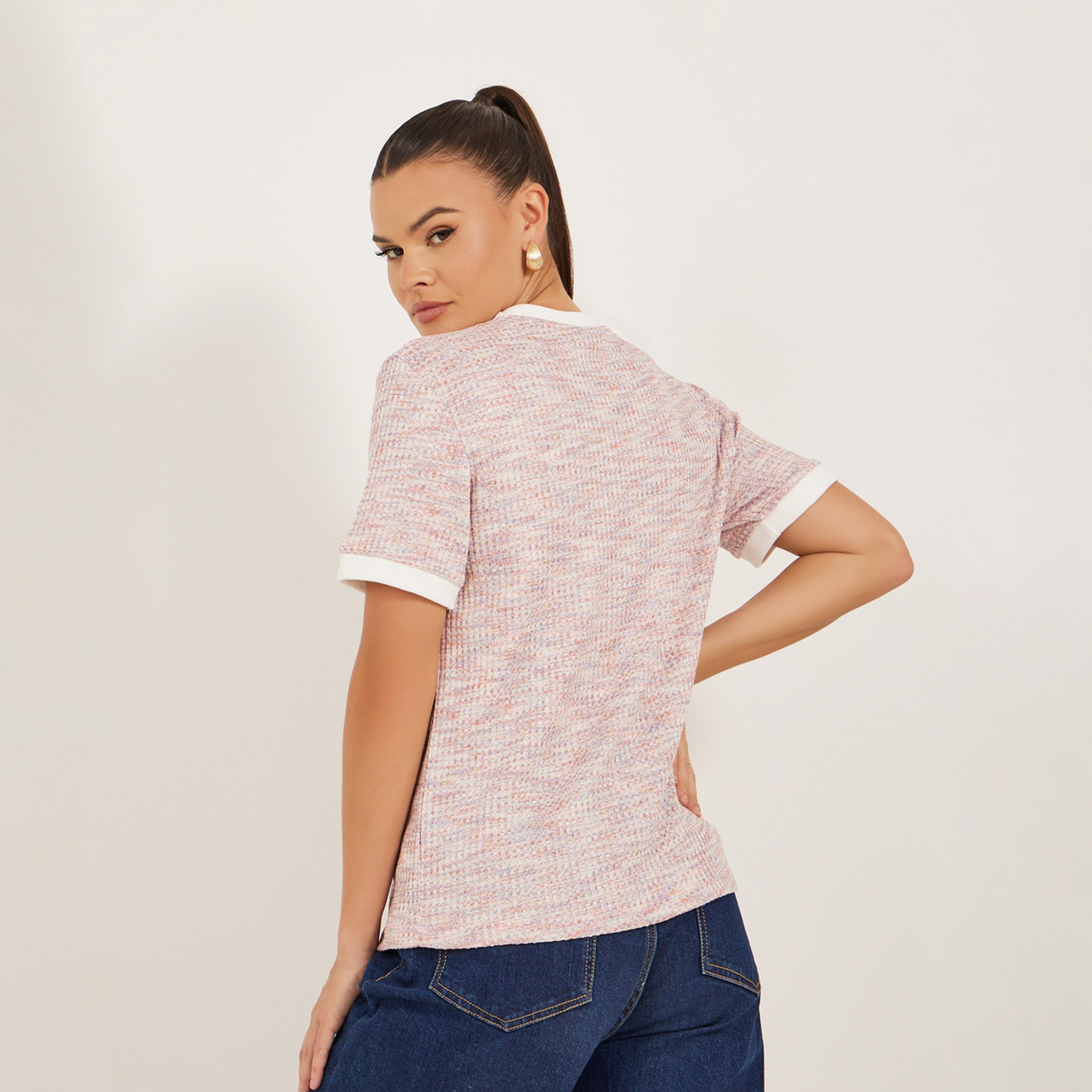 ستايلي - تي شيرت بأكمام قصيرة وقصة عادية ومظهر قماش التويد-women-clothing-tshirts-image-5