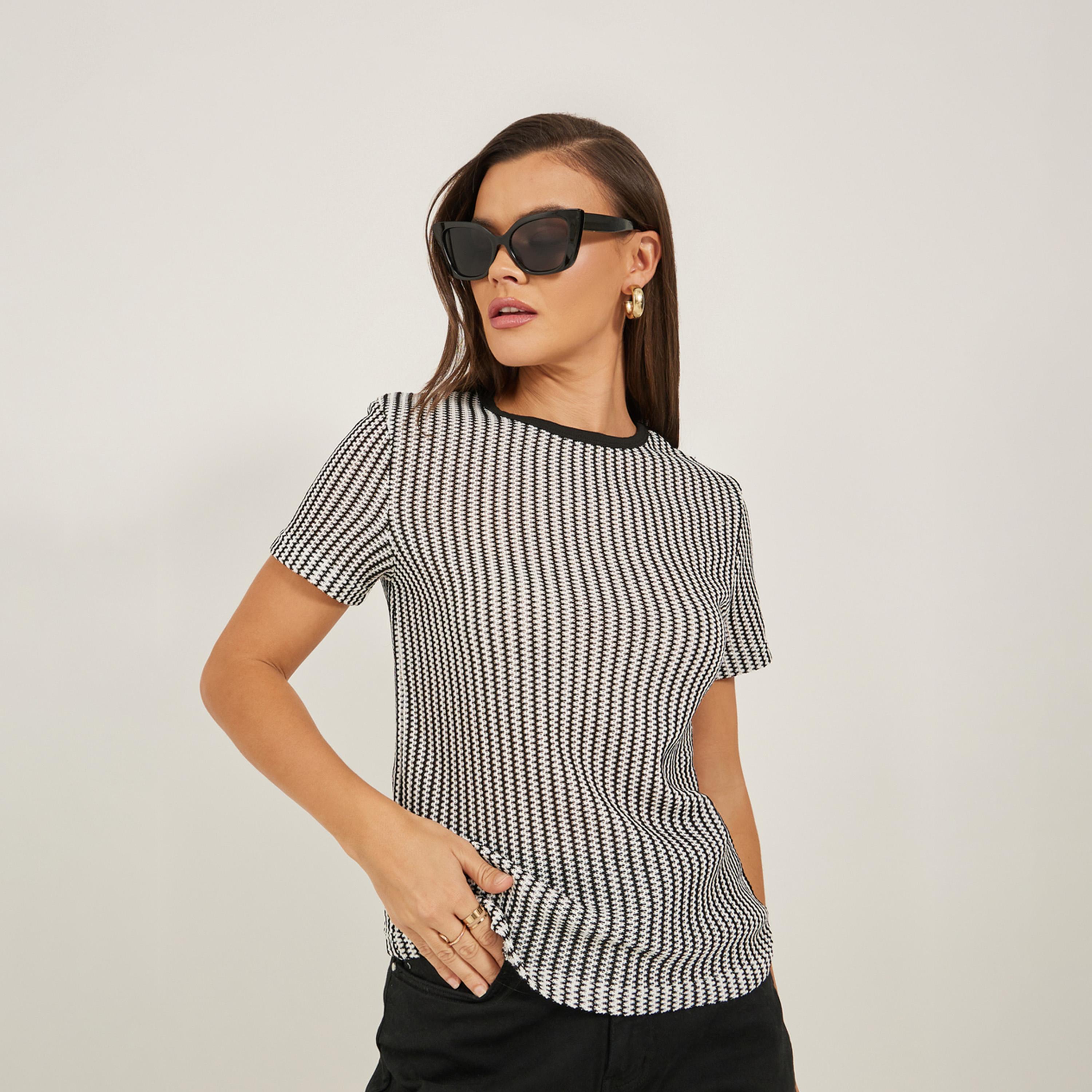 Styli Self Striped Short Sleeve Regular Fit T-Shirt-women-clothing-tshirts-image-1