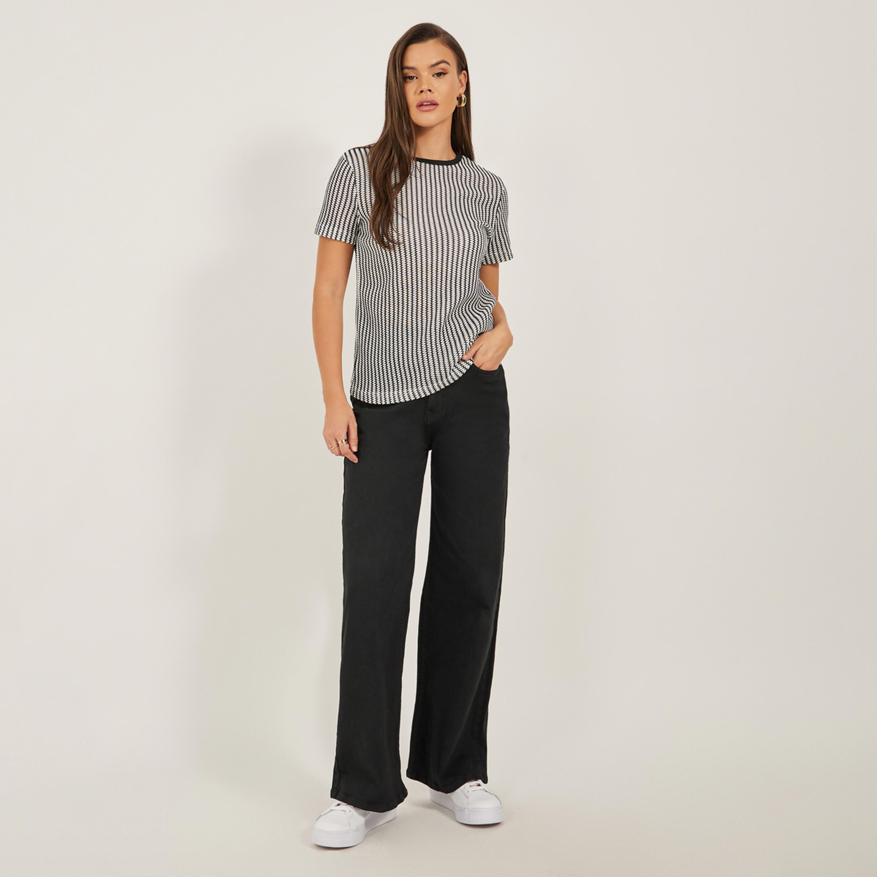 Styli Self Striped Short Sleeve Regular Fit T-Shirt-women-clothing-tshirts-image-2