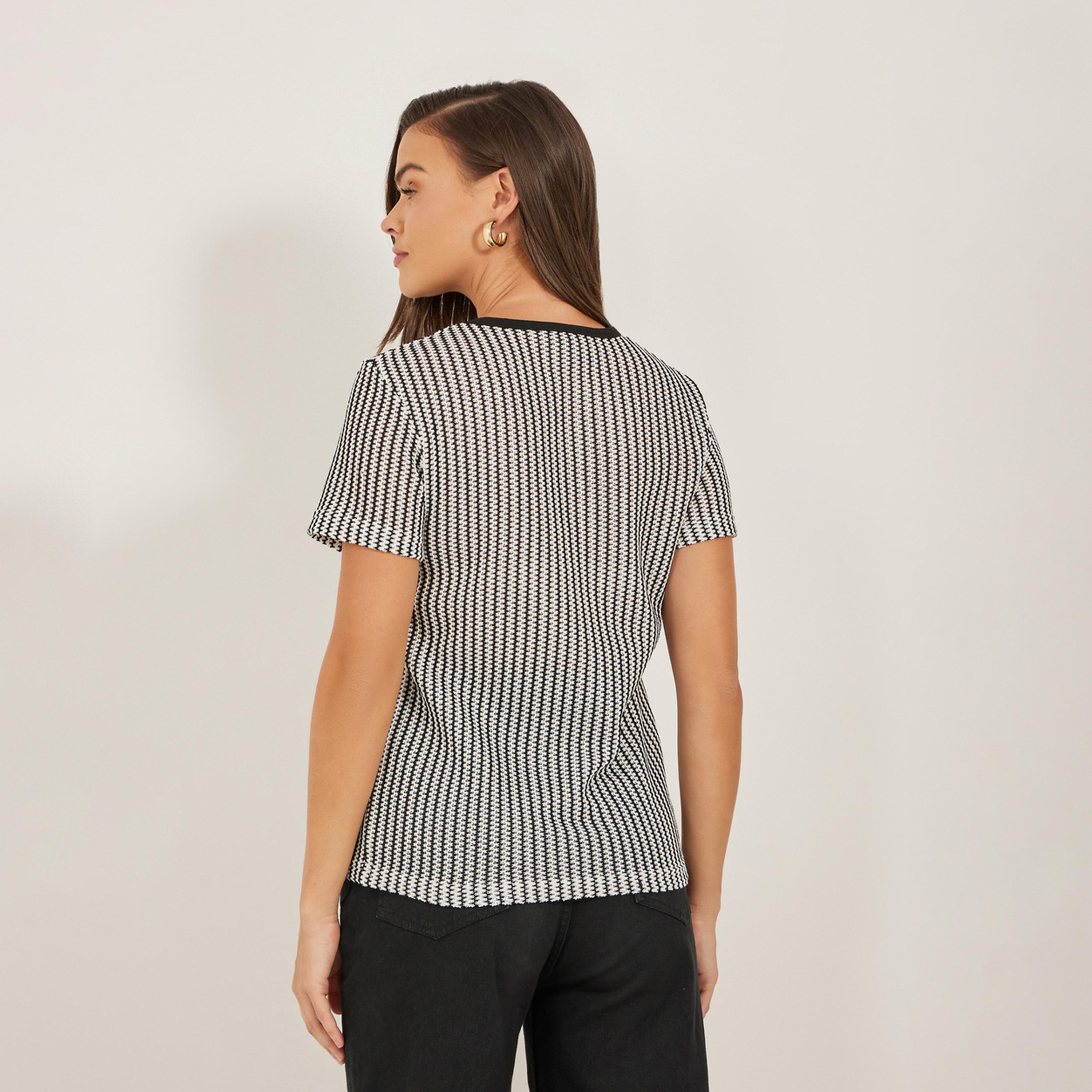 Styli Self Striped Short Sleeve Regular Fit T-Shirt-women-clothing-tshirts-image-4