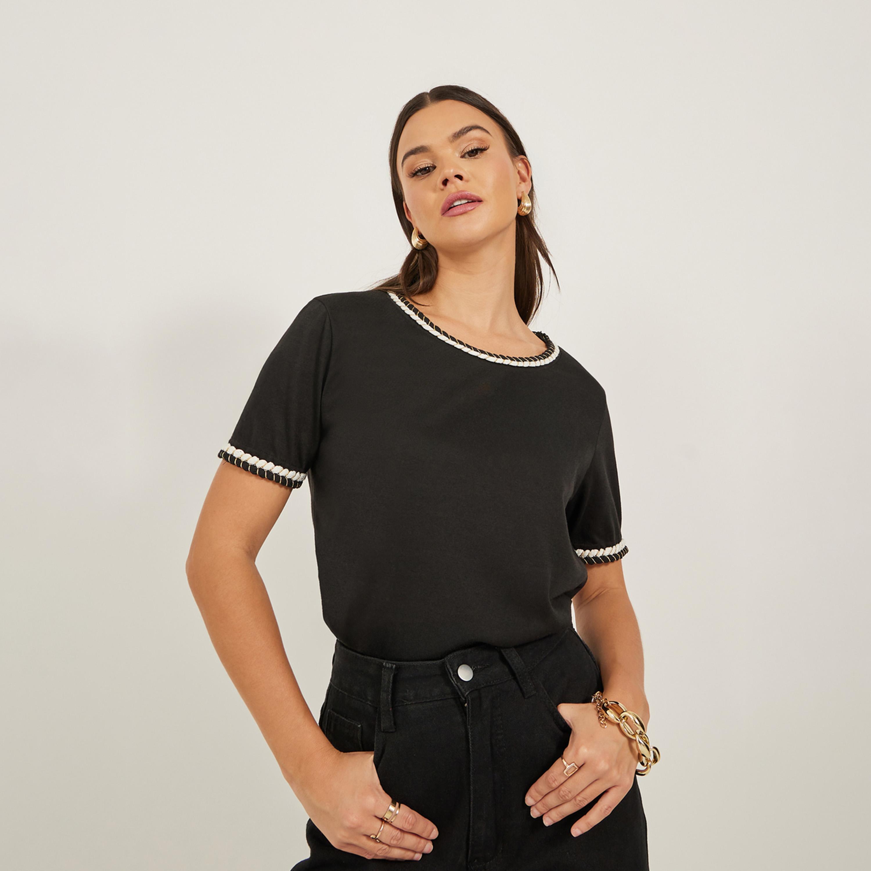Styli Embellished Trim Round Neck Regular Fit T-Shirt-women-clothing-tshirts-image-1