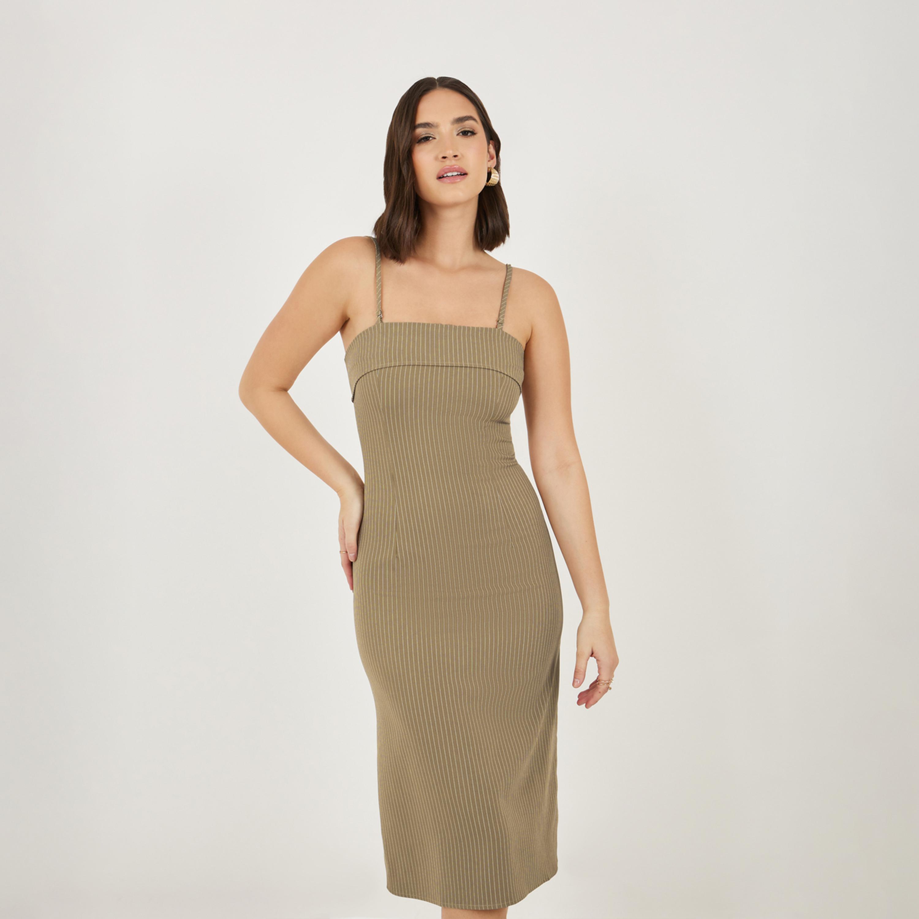 ستايلي - فستان مخطط متوسط الطول بدون أكمام-women-clothing-dresses-image-2