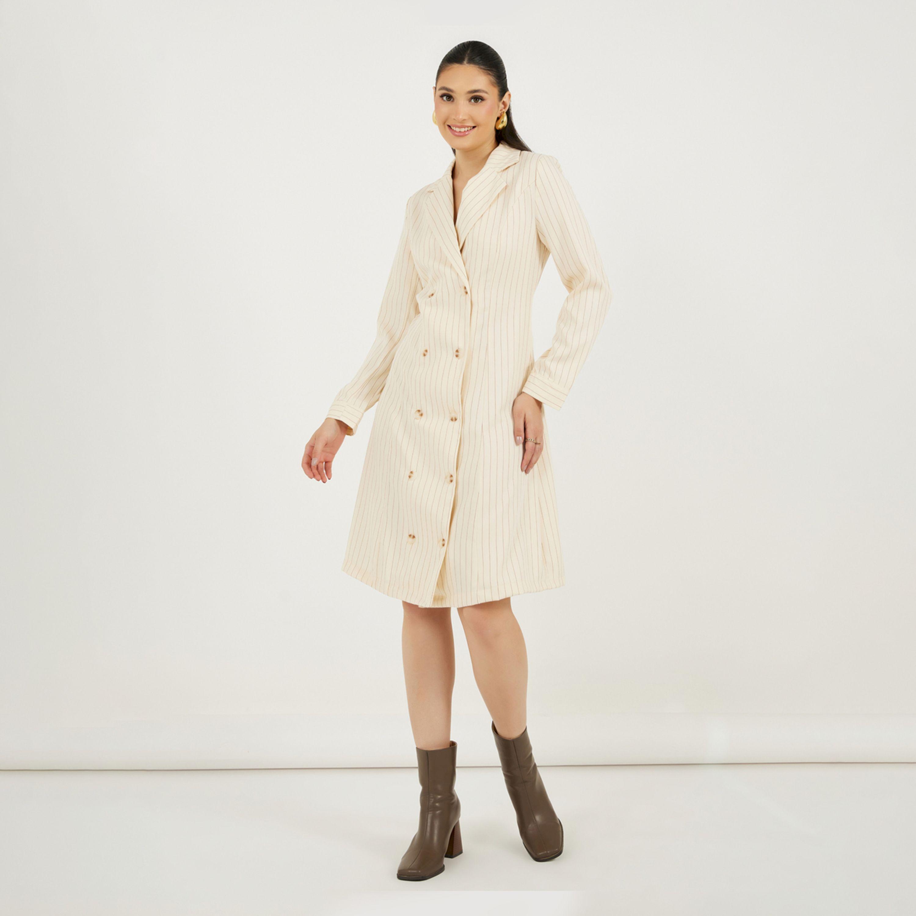 ستايلي - فستان بليزر مخطط مزدوج الأزرار بطول الركبة-women-clothing-dresses-image-1